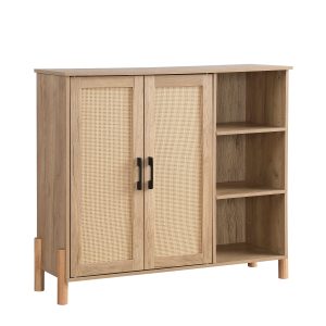 Vynxaria Mid Century Modern Storage Cabinet with Woven Rattan Doors Open Shelves Adjustable Shelves for Living Room Dining Room