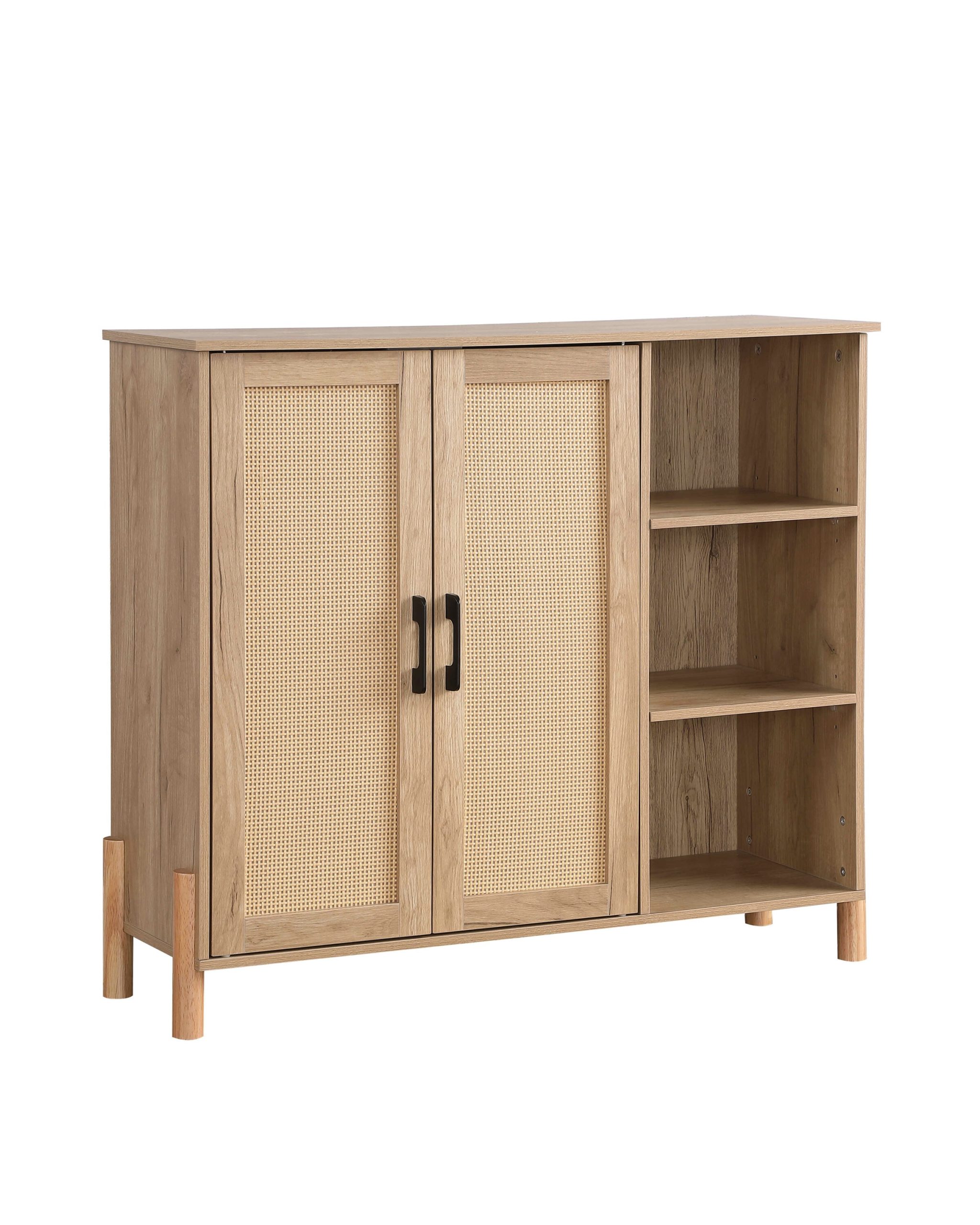 Vynxaria Mid Century Modern Storage Cabinet with Woven Rattan Doors Open Shelves Adjustable Shelves for Living Room Dining Room