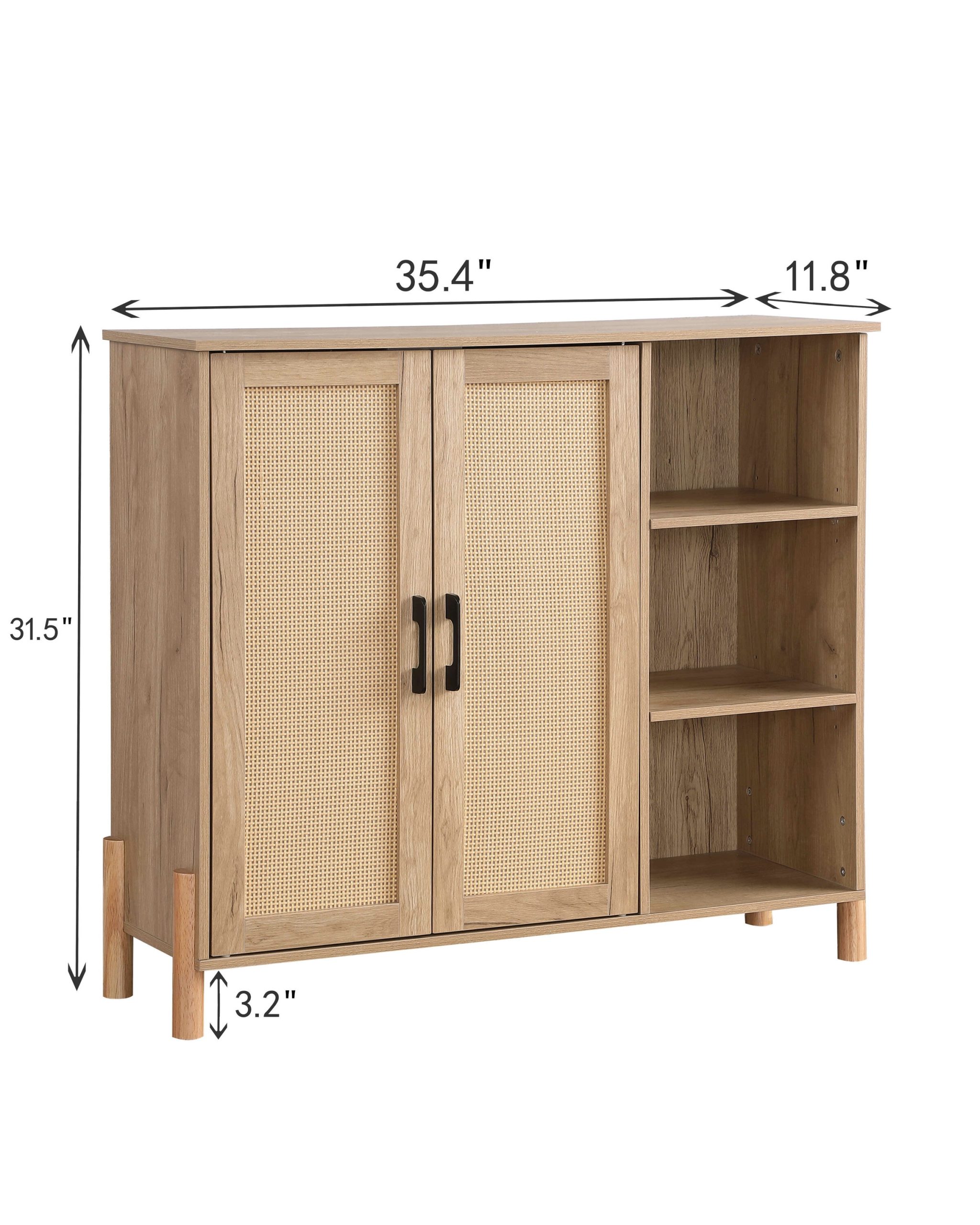 Vynxaria Mid Century Modern Storage Cabinet with Woven Rattan Doors Open Shelves Adjustable Shelves for Living Room Dining Room - Image 2