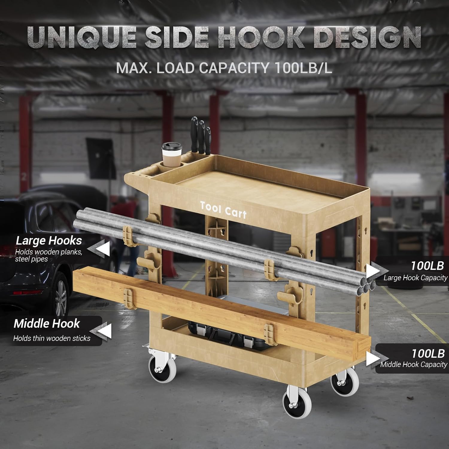Silvel Utility Cart Heavy Duty with Full Swivel Wheels 600LBS Capacity 2 Shelf Plastic Service Cart Rolling Utility Carts with Wheels with Ergonomic Handle for Warehouse Garage Cleaning Manufacturing - Image 6