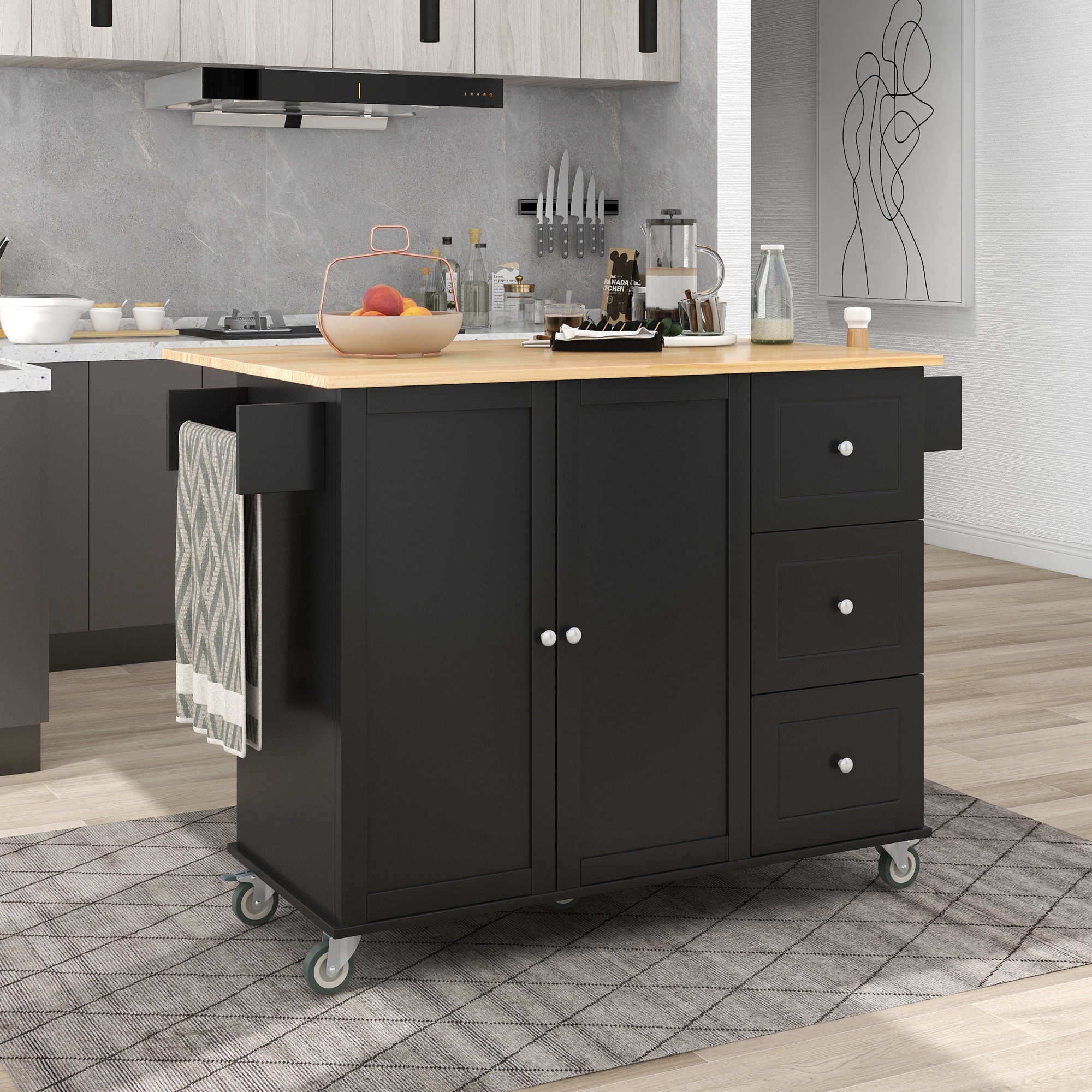 Tatayosi Rolling Mobile Kitchen Island with Solid Wood Top and Locking Wheels Storage Cabinet and Drop Leaf Breakfast BarSpice Rack Towel Rack Drawer (Black) - Image 3