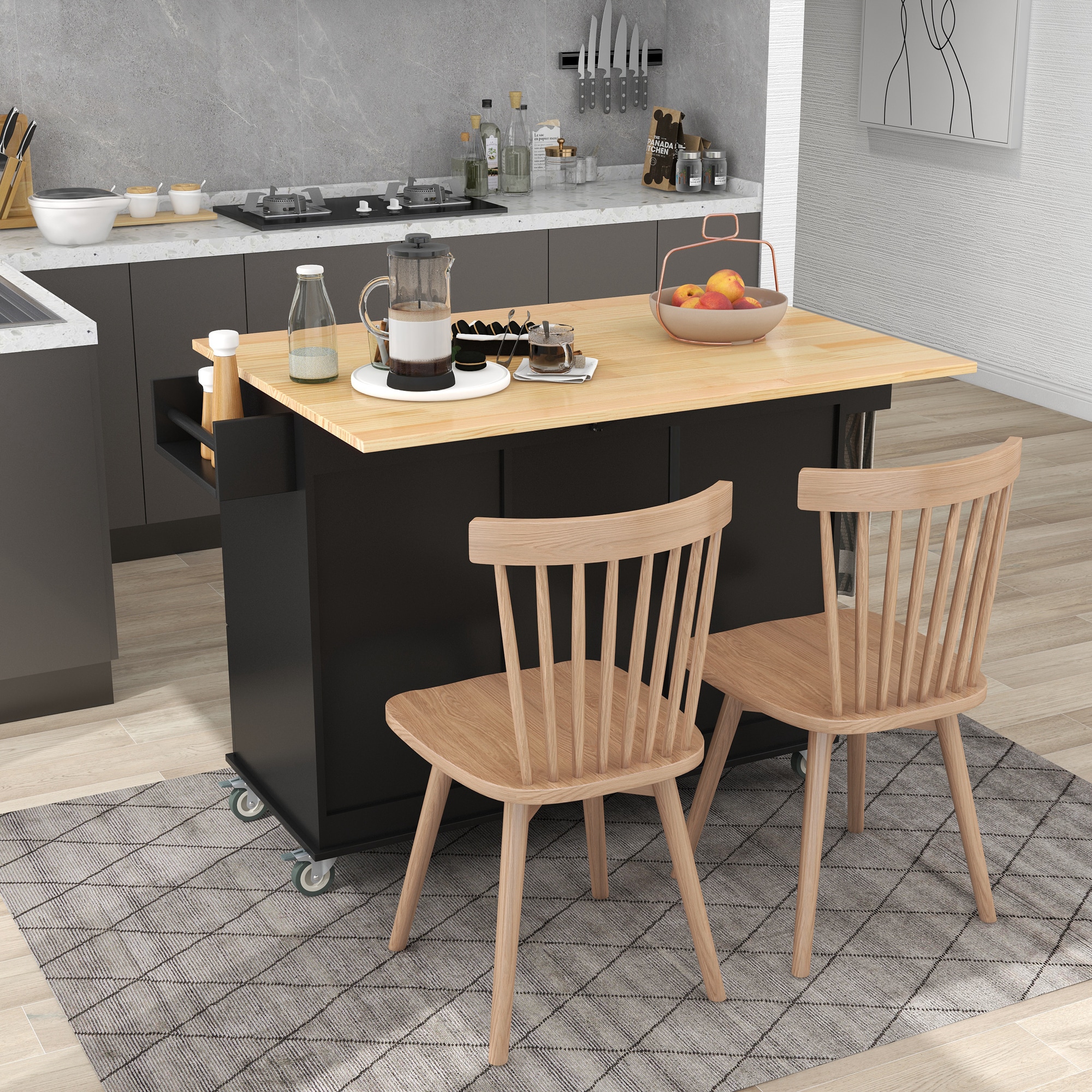 Tatayosi Rolling Mobile Kitchen Island with Solid Wood Top and Locking Wheels Storage Cabinet and Drop Leaf Breakfast BarSpice Rack Towel Rack Drawer (Black) - Image 5
