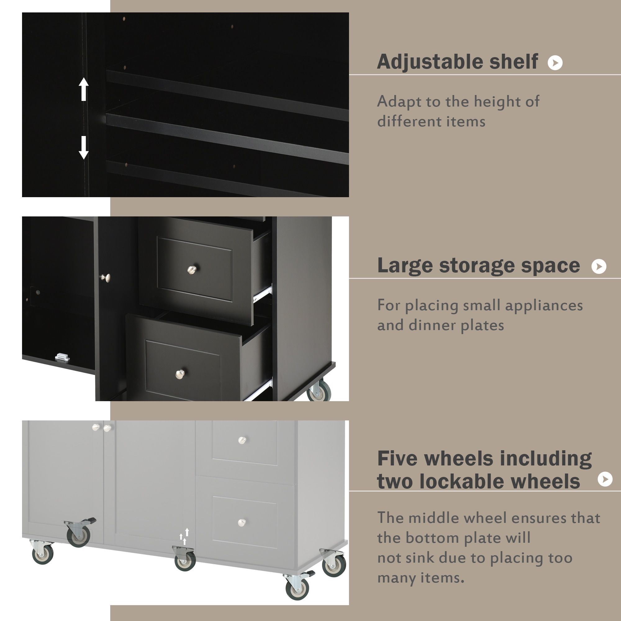 Tatayosi Rolling Mobile Kitchen Island with Solid Wood Top and Locking Wheels Storage Cabinet and Drop Leaf Breakfast BarSpice Rack Towel Rack Drawer (Black) - Image 10