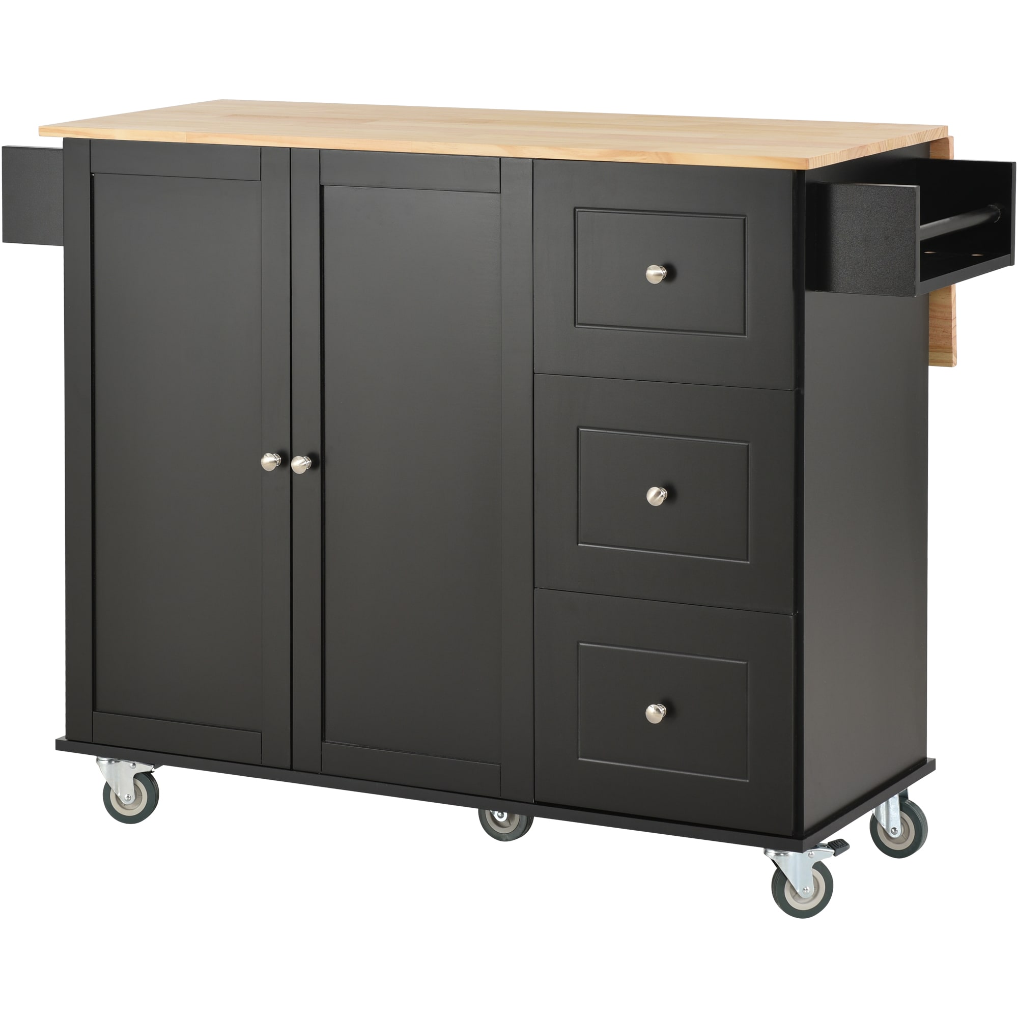 Tatayosi Rolling Mobile Kitchen Island with Solid Wood Top and Locking Wheels Storage Cabinet and Drop Leaf Breakfast BarSpice Rack Towel Rack Drawer (Black) - Image 13