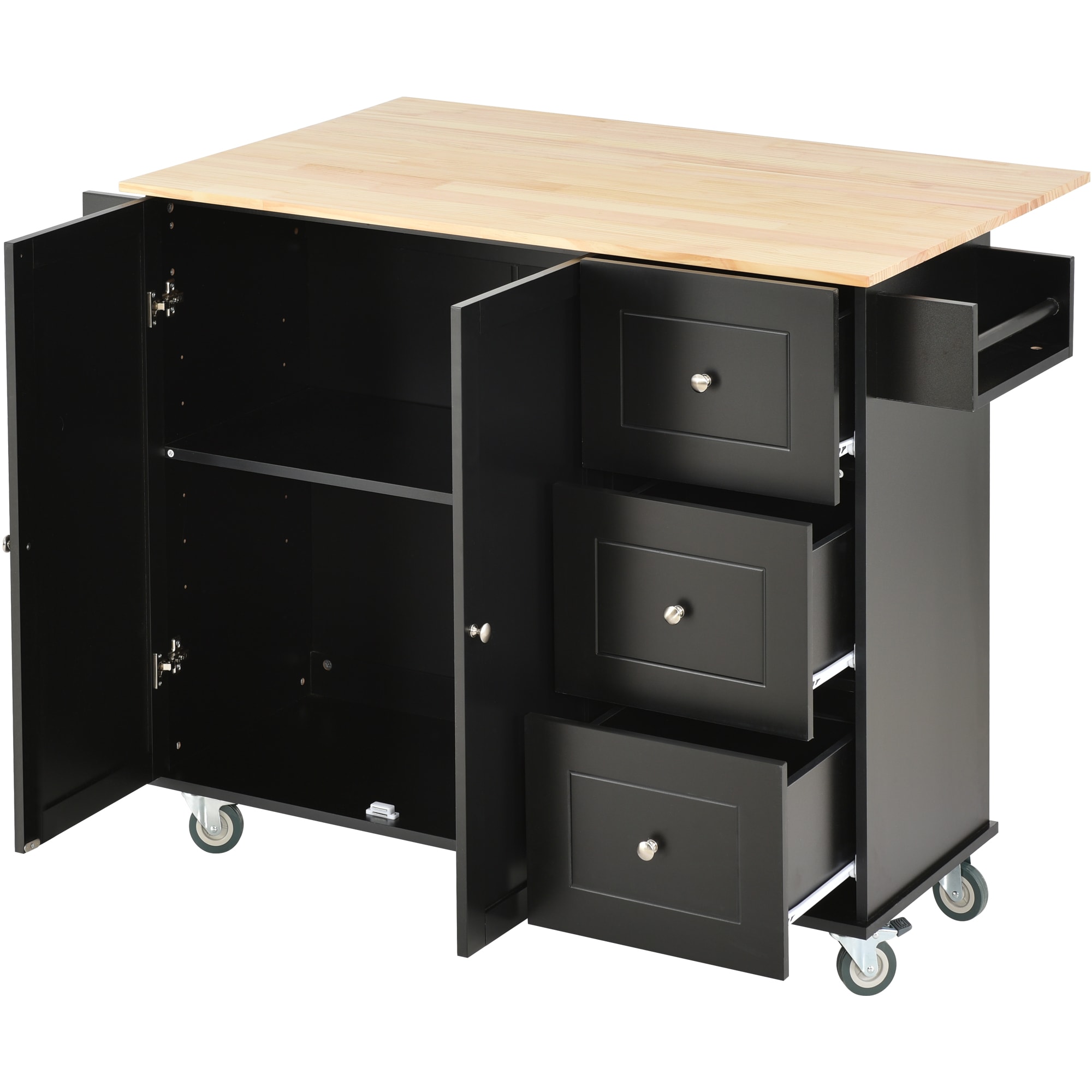Tatayosi Rolling Mobile Kitchen Island with Solid Wood Top and Locking Wheels Storage Cabinet and Drop Leaf Breakfast BarSpice Rack Towel Rack Drawer (Black) - Image 14