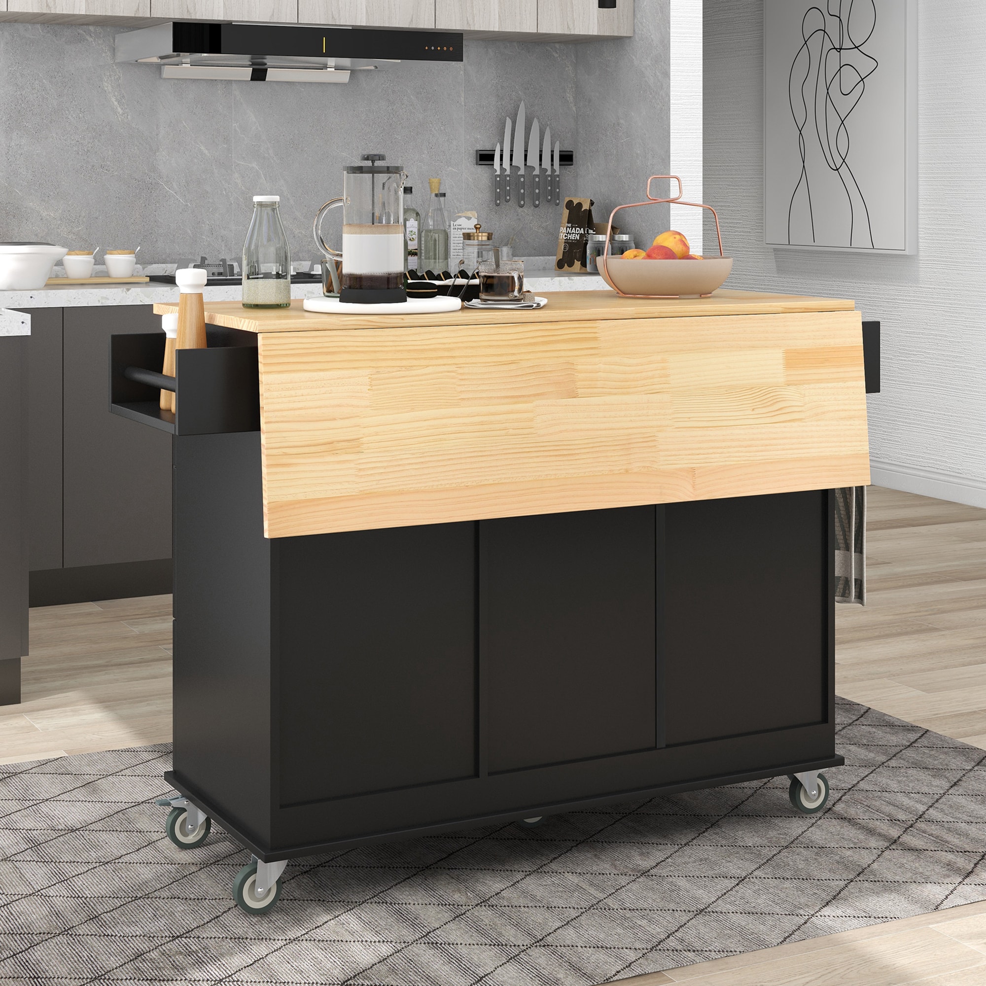 Tatayosi Rolling Mobile Kitchen Island with Solid Wood Top and Locking Wheels Storage Cabinet and Drop Leaf Breakfast BarSpice Rack Towel Rack Drawer (Black) - Image 4