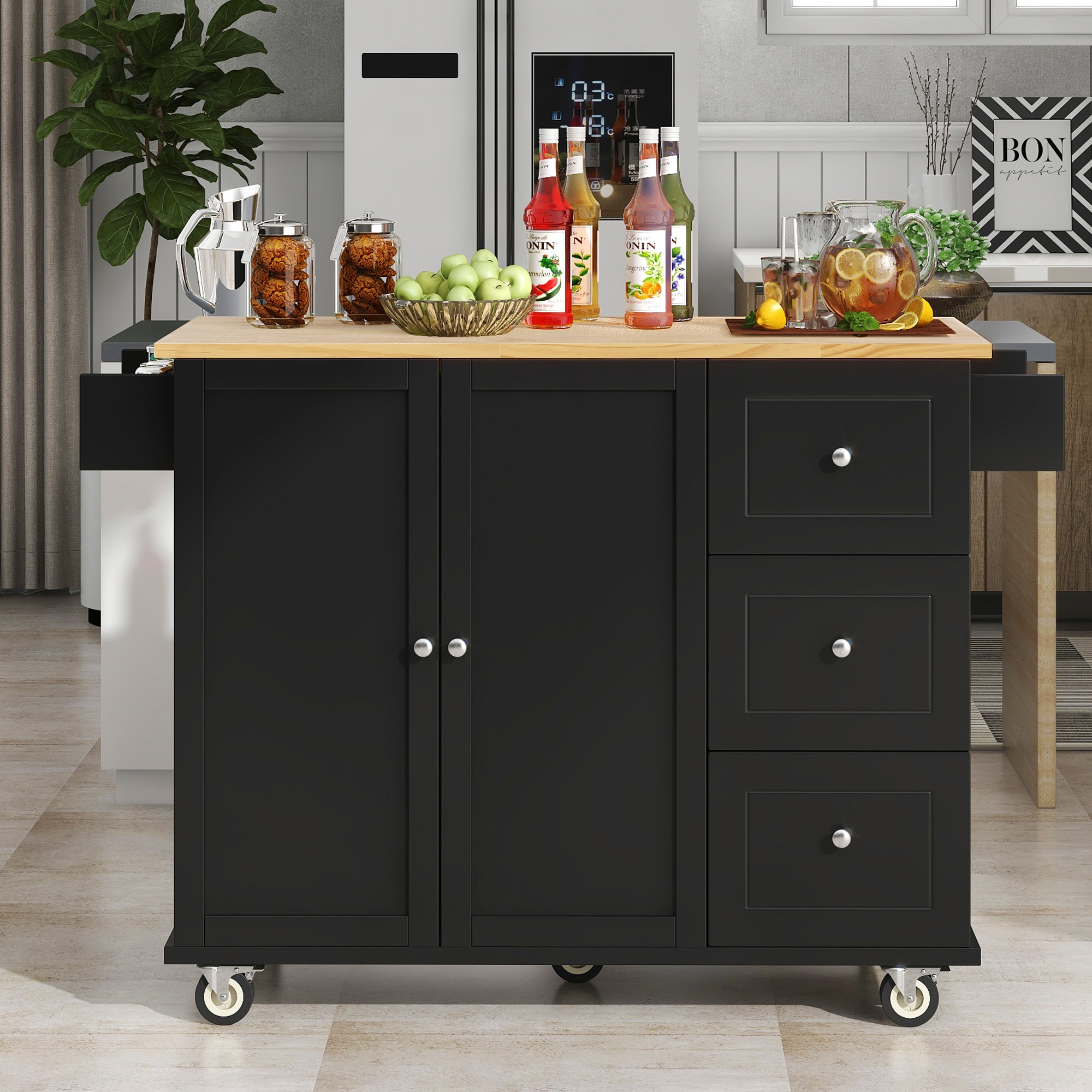 Tatayosi Rolling Mobile Kitchen Island with Solid Wood Top and Locking Wheels Storage Cabinet and Drop Leaf Breakfast BarSpice Rack Towel Rack Drawer (Black) - Image 2