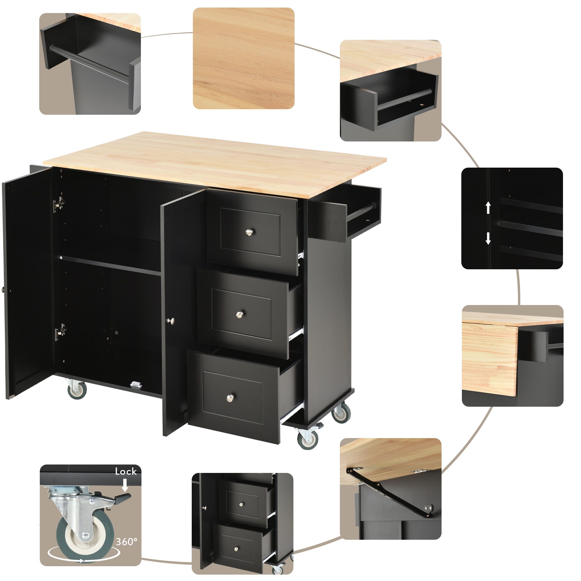 Tatayosi Rolling Mobile Kitchen Island with Solid Wood Top and Locking Wheels Storage Cabinet and Drop Leaf Breakfast BarSpice Rack Towel Rack Drawer (Black) - Image 9