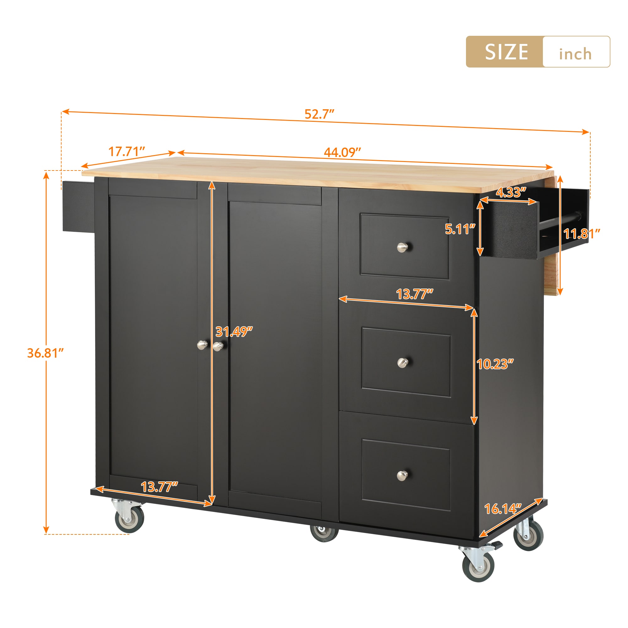 Tatayosi Rolling Mobile Kitchen Island with Solid Wood Top and Locking Wheels Storage Cabinet and Drop Leaf Breakfast BarSpice Rack Towel Rack Drawer (Black) - Image 11