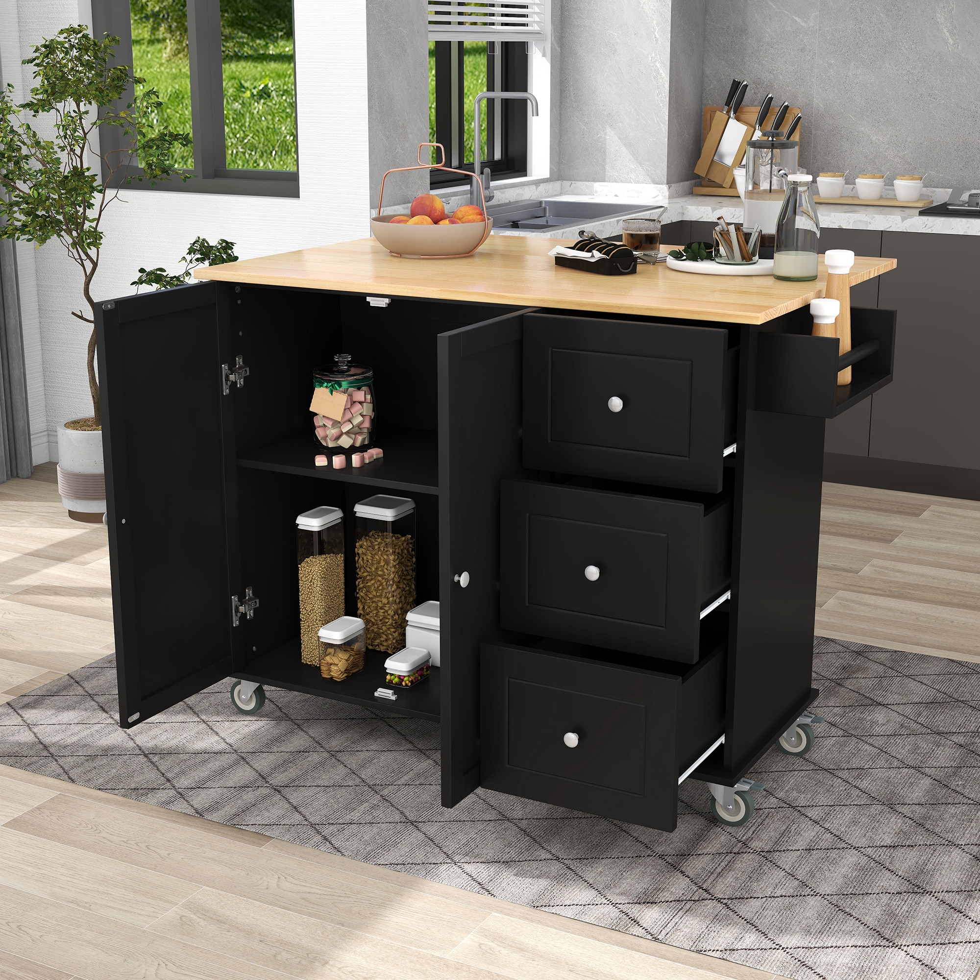 Tatayosi Rolling Mobile Kitchen Island with Solid Wood Top and Locking Wheels Storage Cabinet and Drop Leaf Breakfast BarSpice Rack Towel Rack Drawer (Black) - Image 6