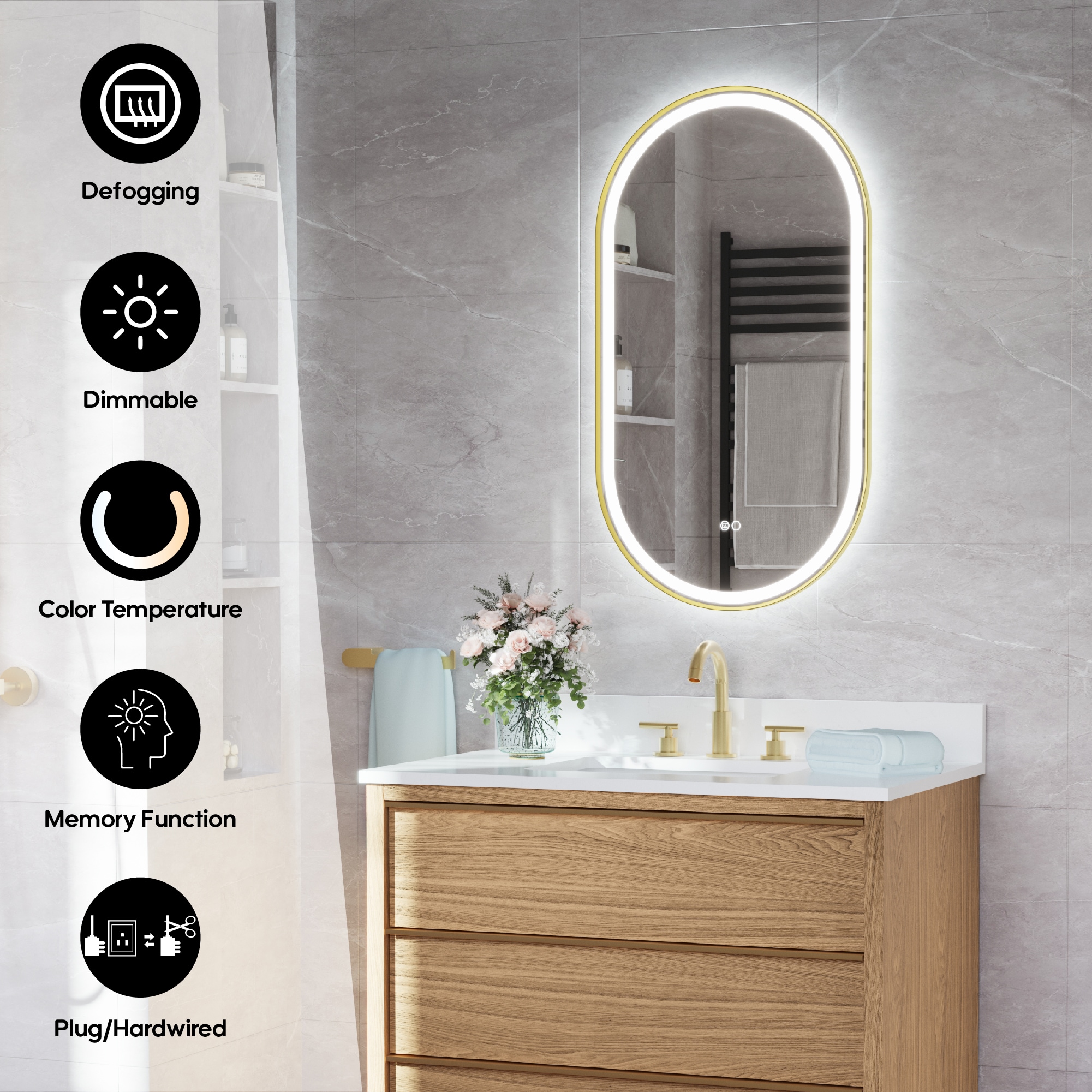 CALVON B16 20-in x 36-in Framed Oval Dimmable LED Lighted Fog Free Bathroom Vanity Mirror ( Gold ) - Image 2