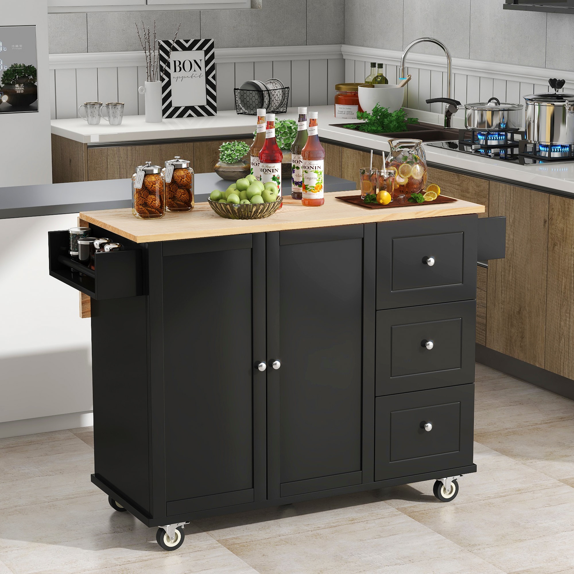 Tatayosi Rolling Mobile Kitchen Island with Solid Wood Top and Locking Wheels Storage Cabinet and Drop Leaf Breakfast BarSpice Rack Towel Rack Drawer (Black)