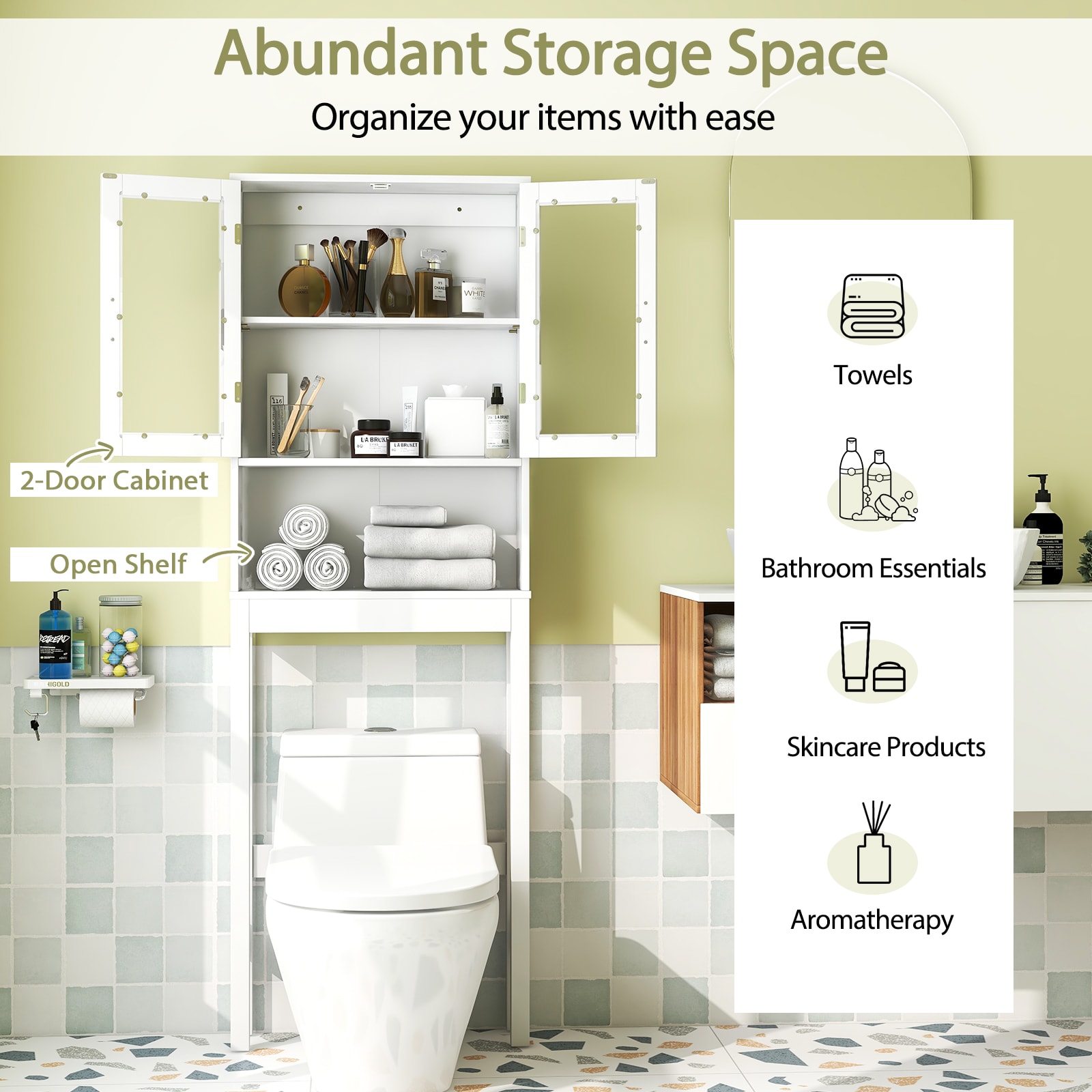 Slickblue Tall Bathroom Storage Rack with Glass Doors and Convenient Open Shelf - 7.5x67x23 White 2-Shelf Over-the-Toilet Storage – Bathroom Powder Room or Laundry Area - Image 4