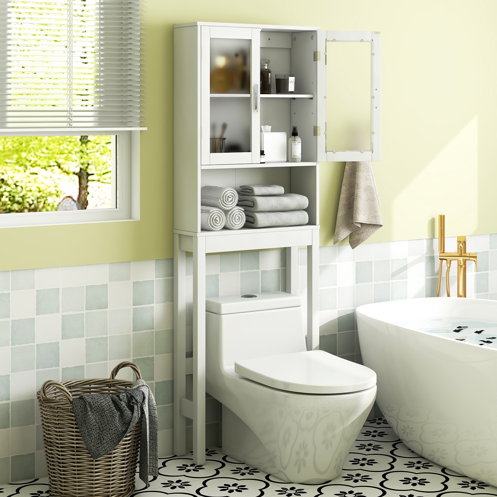 Slickblue Tall Bathroom Storage Rack with Glass Doors and Convenient Open Shelf - 7.5x67x23 White 2-Shelf Over-the-Toilet Storage – Bathroom Powder Room or Laundry Area - Image 5