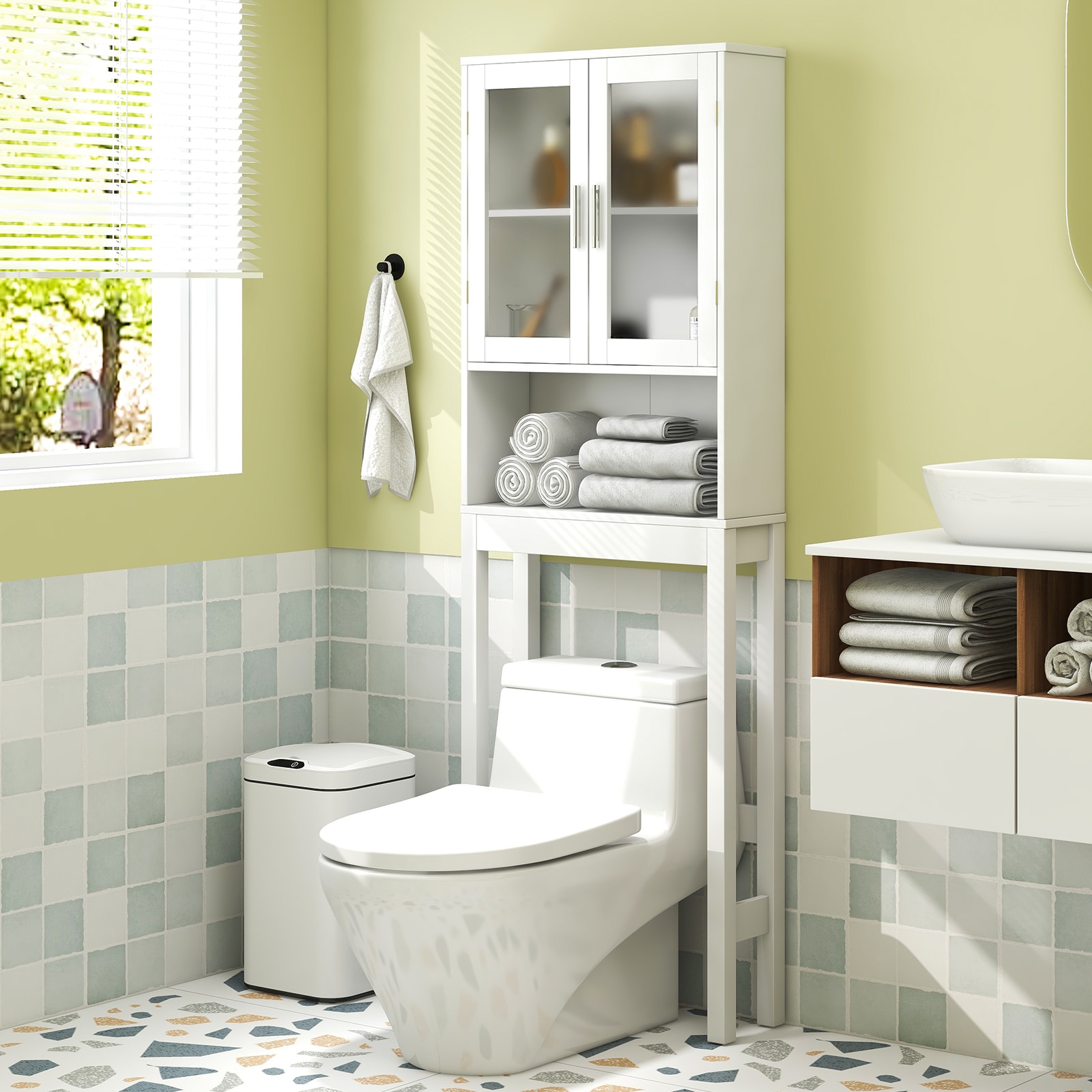 Slickblue Tall Bathroom Storage Rack with Glass Doors and Convenient Open Shelf - 7.5x67x23 White 2-Shelf Over-the-Toilet Storage – Bathroom Powder Room or Laundry Area - Image 2