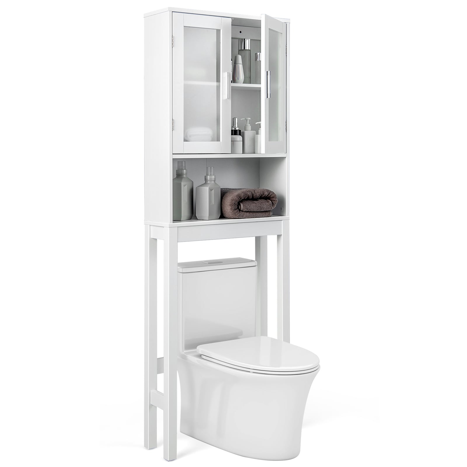Slickblue Tall Bathroom Storage Rack with Glass Doors and Convenient Open Shelf - 7.5x67x23 White 2-Shelf Over-the-Toilet Storage – Bathroom Powder Room or Laundry Area