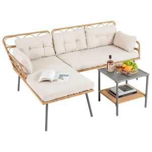 Tangkula 3 Pieces Corner Patio Furniture Set, PE Rattan L-Shaped Cushioned Sofa Set with Small Coffee Table