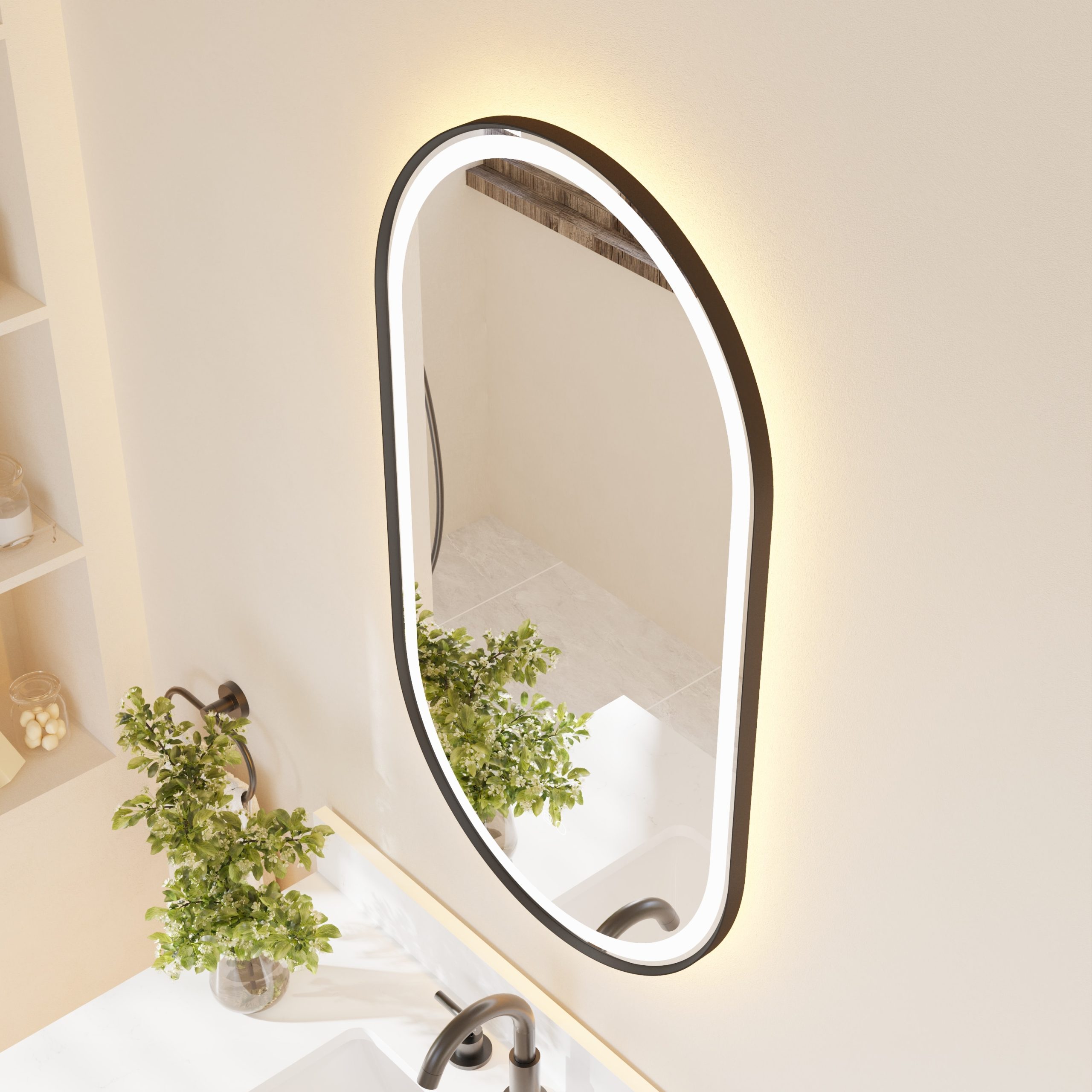 CALVON B16 20-in x 36-in Framed Oval Dimmable LED Lighted Fog Free Bathroom Vanity Mirror ( Black ) - Image 8