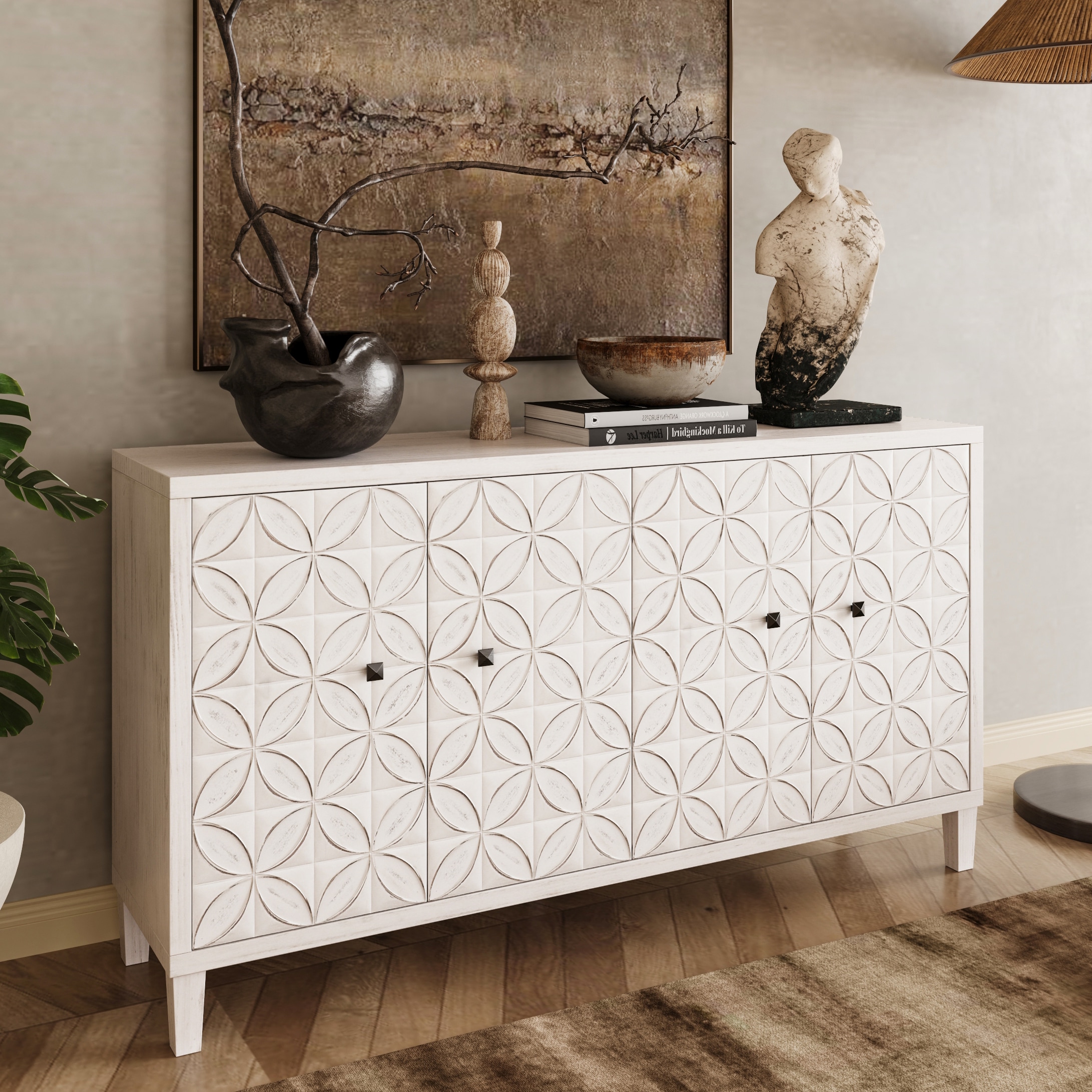 GDFStudio Accent Cabinet 4 Door Wooden Cabinet Sideboard Buffet Server Cabinet Storage Cabinet For Living Room Entryway Hallway office Kitchen and Dining Room White Wash - Image 2
