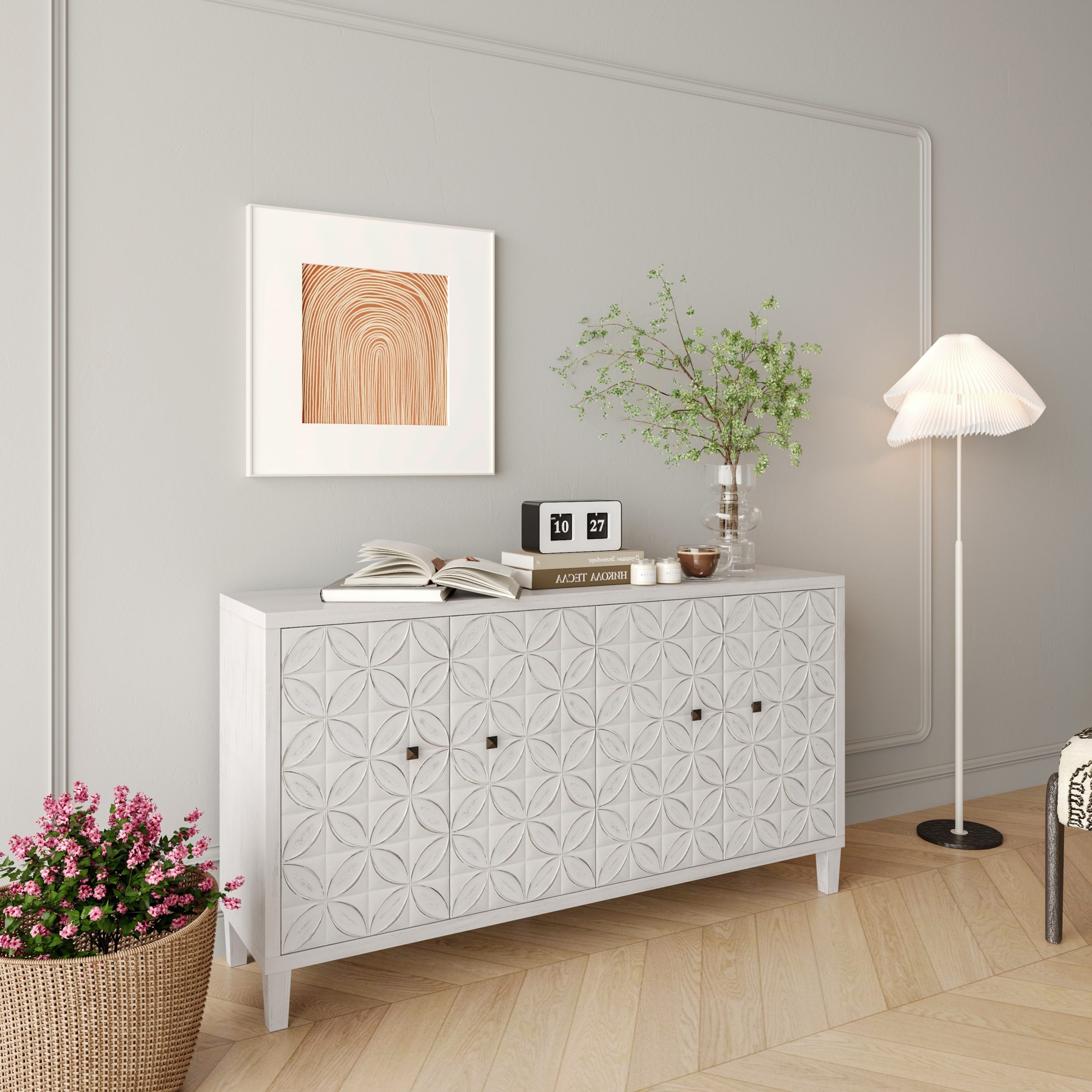GDFStudio Accent Cabinet 4 Door Wooden Cabinet Sideboard Buffet Server Cabinet Storage Cabinet For Living Room Entryway Hallway office Kitchen and Dining Room White Wash - Image 4