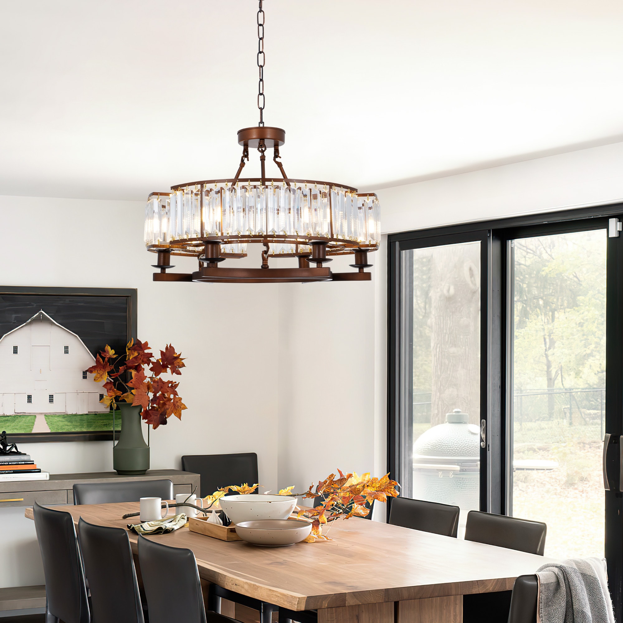 EFPERFECT 24-Inch Rustic Round Crystal Flush Mount with 6 Lights Brown Chandelier Adjustable for Dining Living Room and Foyer - Image 3