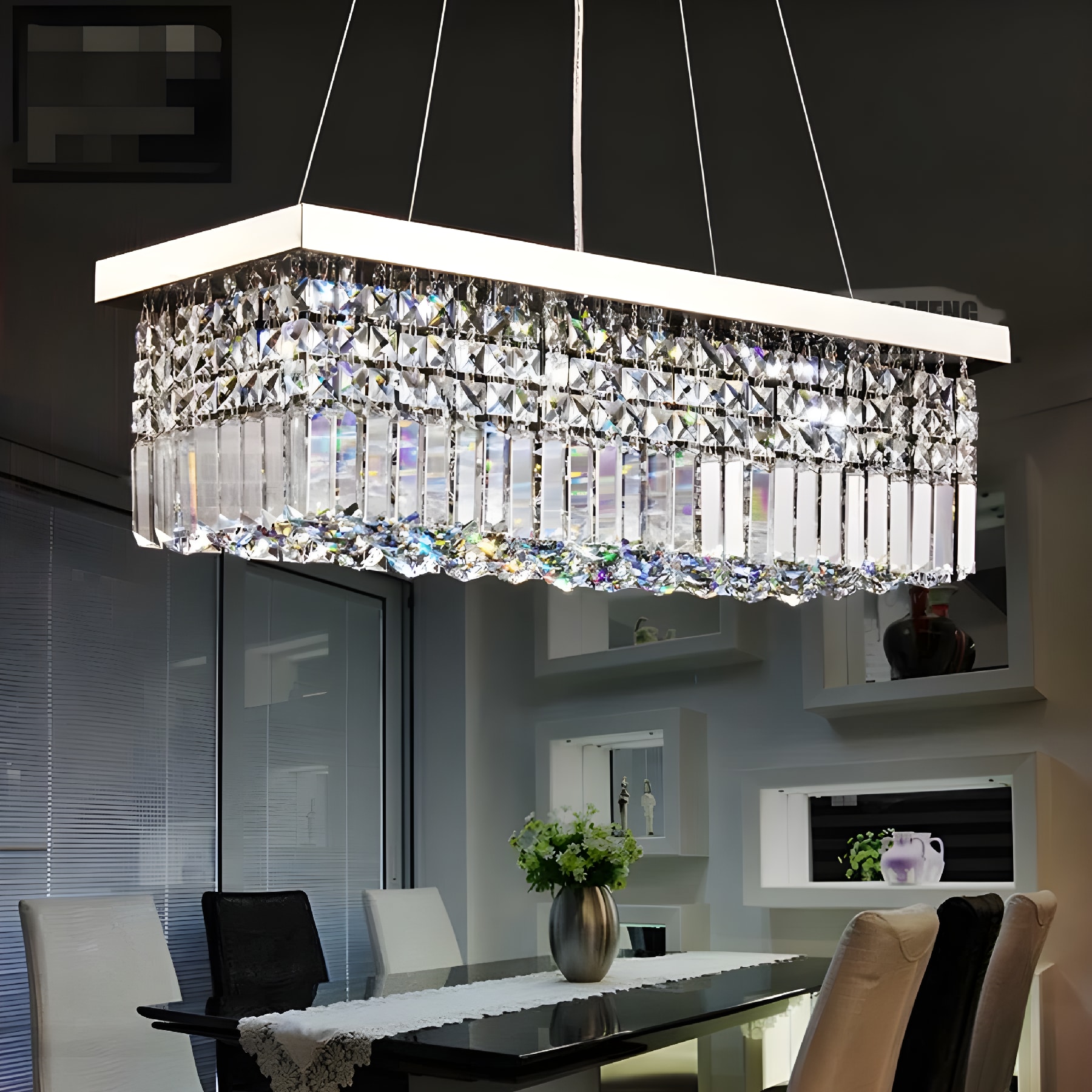 EFPERFECT 32 Inch Rectangular Chandelier Flush Mount Ceiling Light Fixture for Kitchen Island Silver