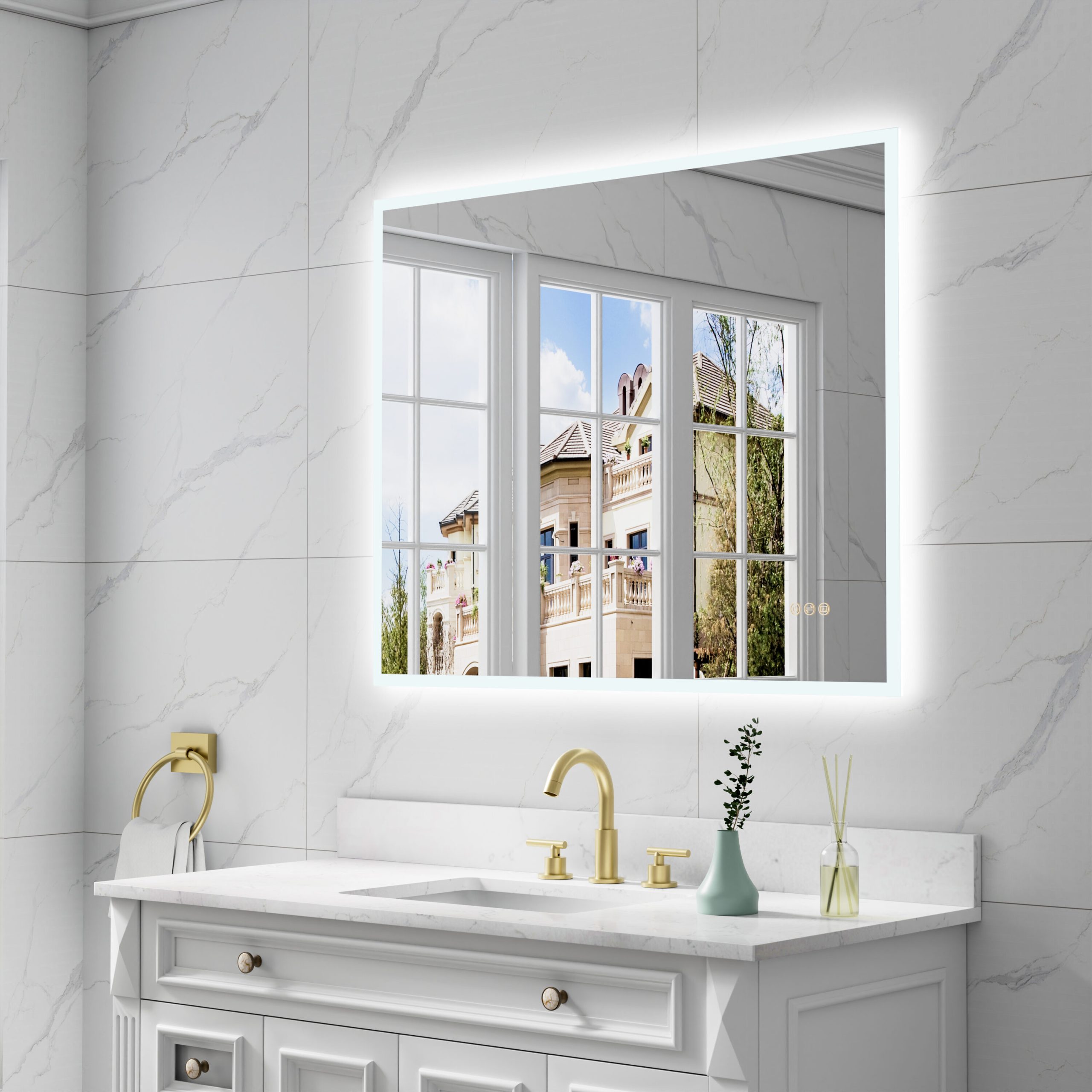 Forclover Acrylic-Illuminated LED 40-in x 32-in Polished Frameless Rectangle Dimmable LED Lighted Fog Free Bathroom Vanity Mirror ( White ) - Image 12