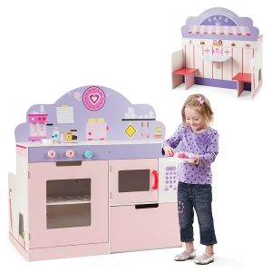 Costway 2 in 1 Kids Play Kitchen and Cafe Restaurant Wooden Pretend Cooking Playset Toy