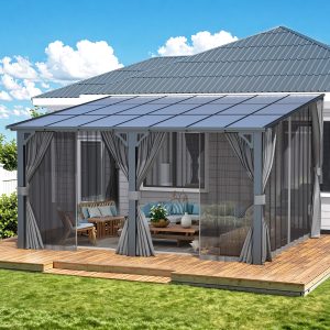 AECOJOY 14' x 12' Wall-Mounted Lean to Gazebo Pergola with Curtains and Netting