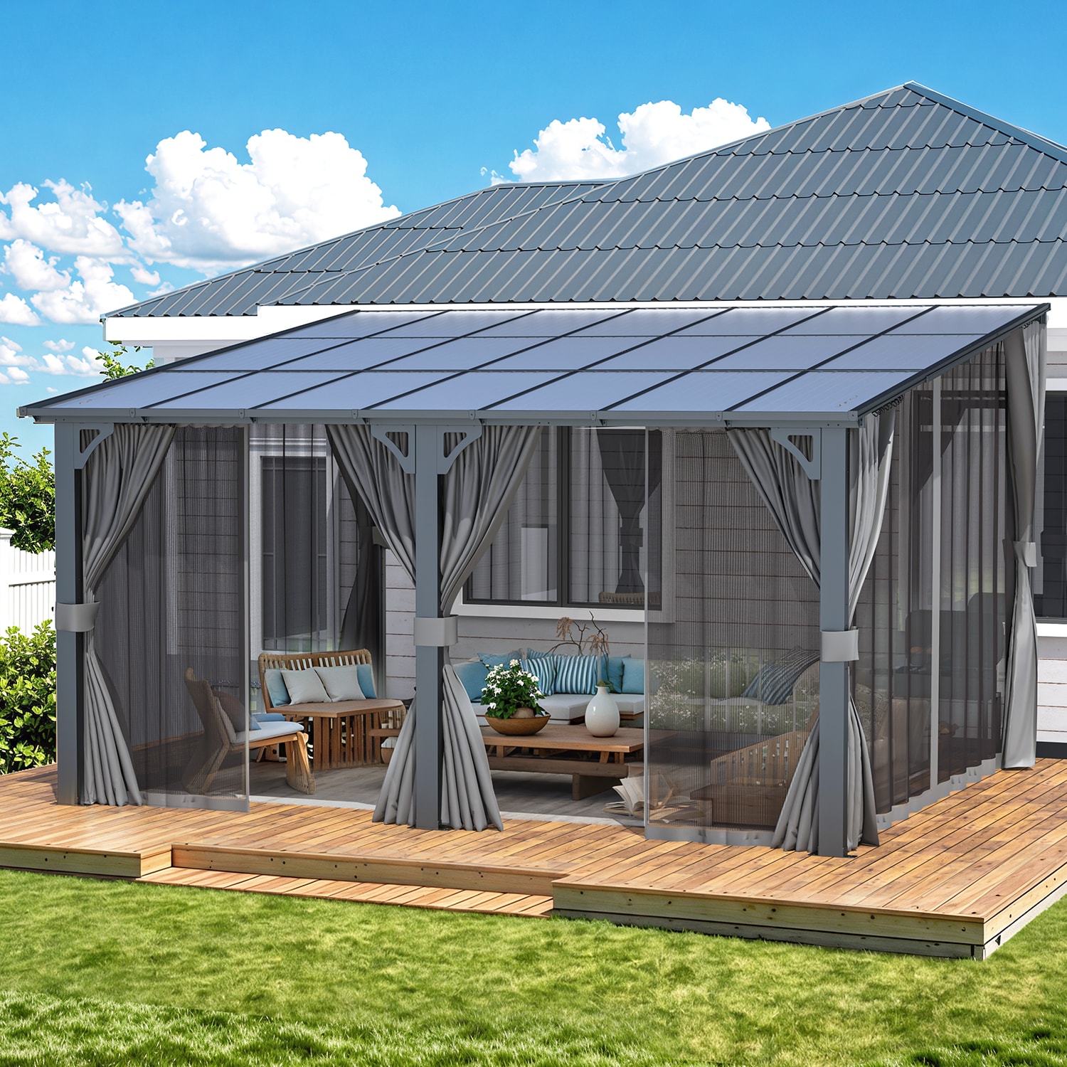 AECOJOY 14' x 12' Wall-Mounted Lean to Gazebo Pergola with Curtains and Netting