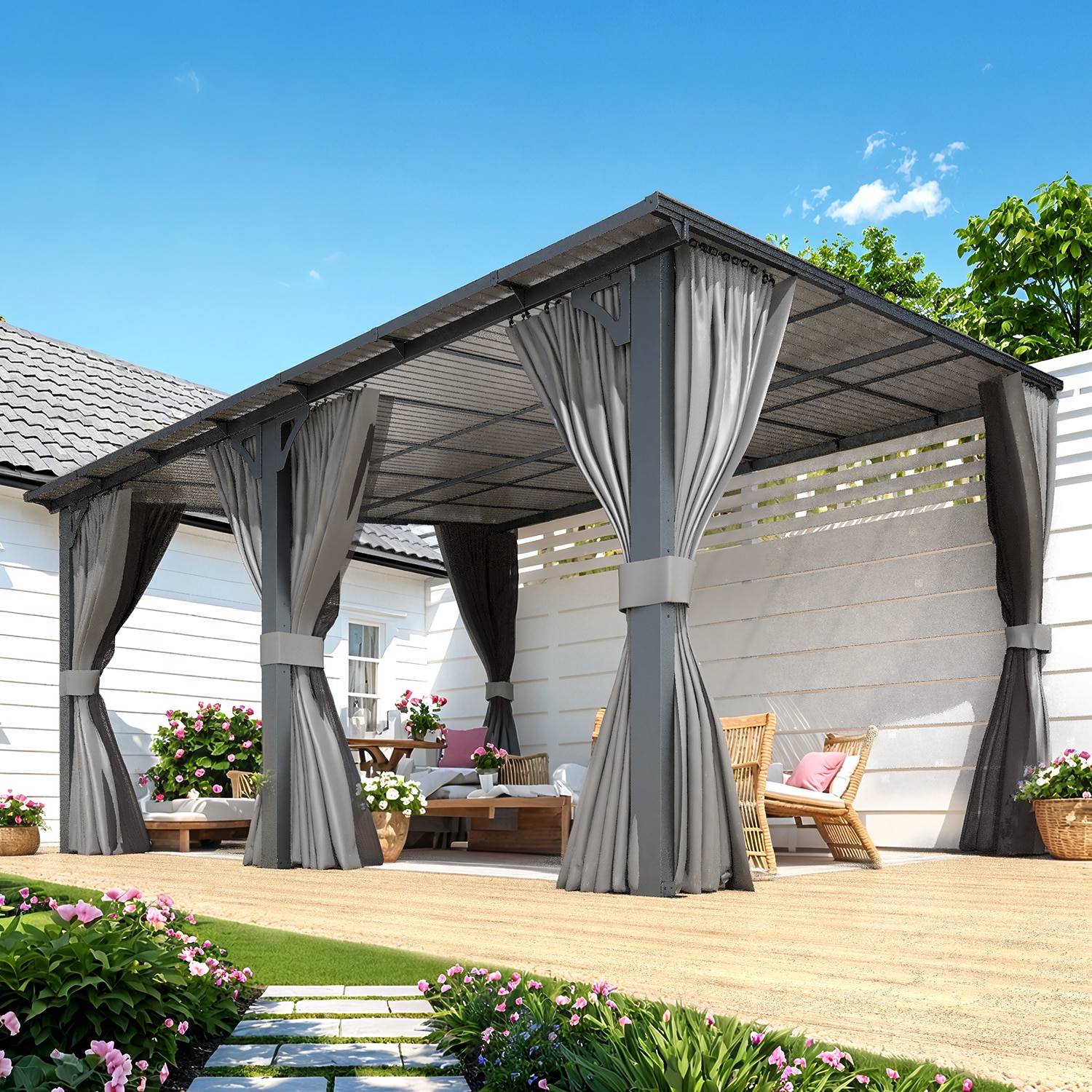 AECOJOY 14' x 12' Wall-Mounted Lean to Gazebo Pergola with Curtains and Netting - Image 5
