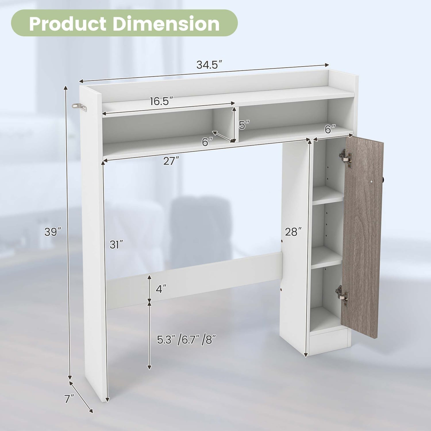 Costway Over the Toilet Bathroom Cabinet Floor Storage Organizer with Adjustable Shelves White - Image 4