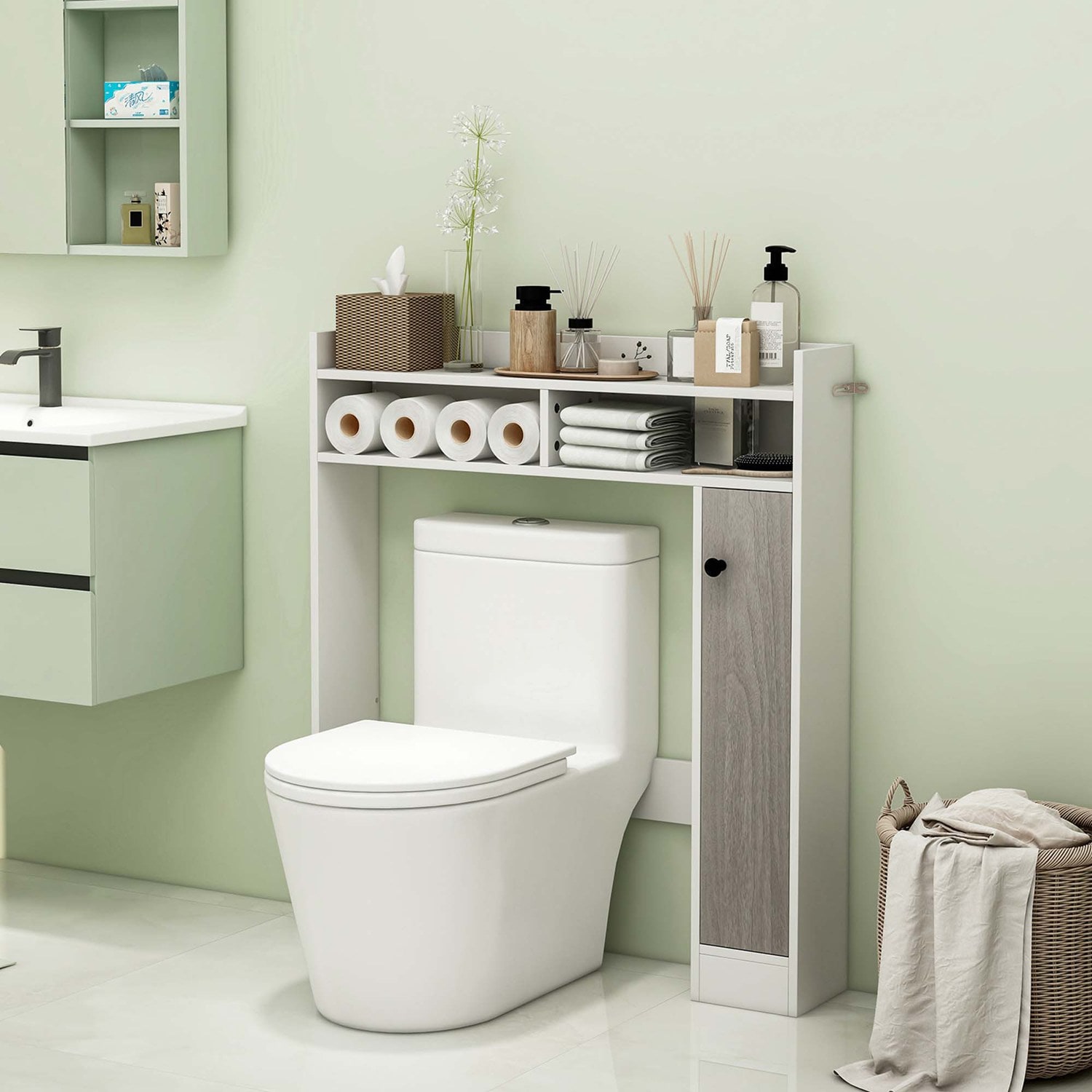 Costway Over the Toilet Bathroom Cabinet Floor Storage Organizer with Adjustable Shelves White - Image 2