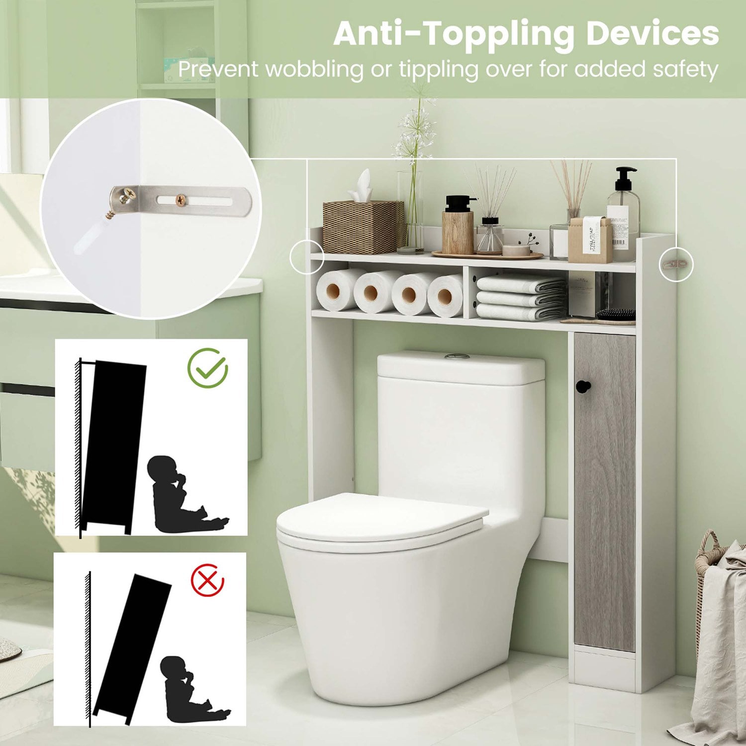 Costway Over the Toilet Bathroom Cabinet Floor Storage Organizer with Adjustable Shelves White - Image 6