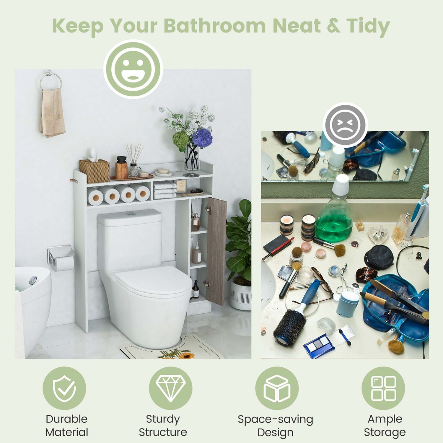 Costway Over the Toilet Bathroom Cabinet Floor Storage Organizer with Adjustable Shelves White - Image 5