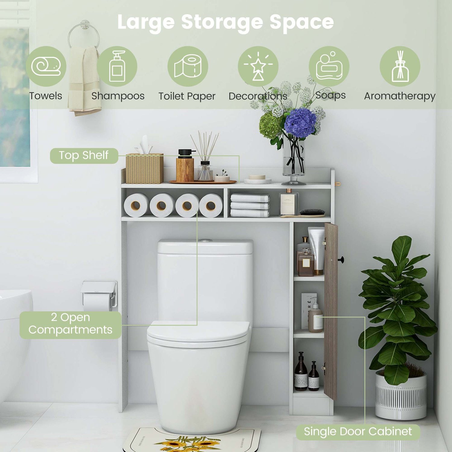 Costway Over the Toilet Bathroom Cabinet Floor Storage Organizer with Adjustable Shelves White - Image 7