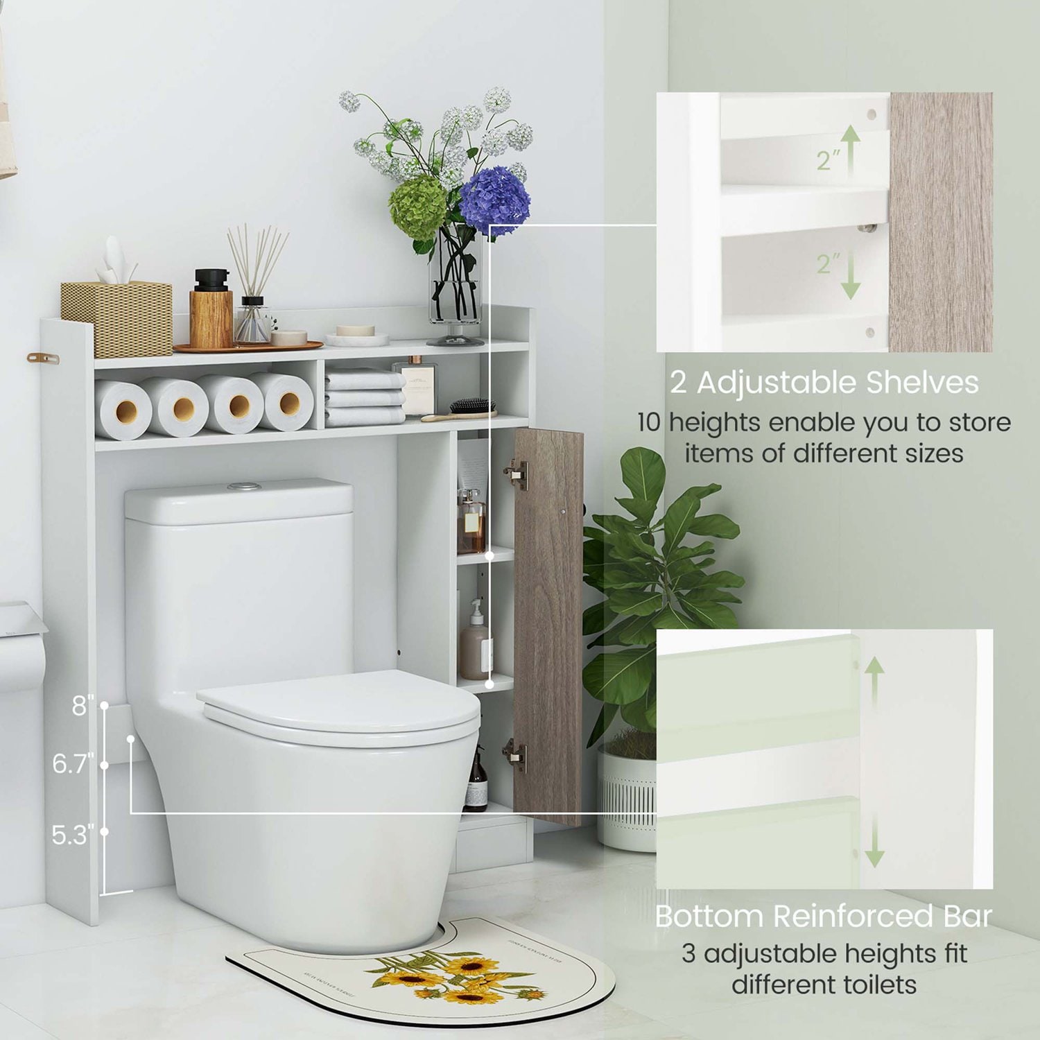 Costway Over the Toilet Bathroom Cabinet Floor Storage Organizer with Adjustable Shelves White - Image 8