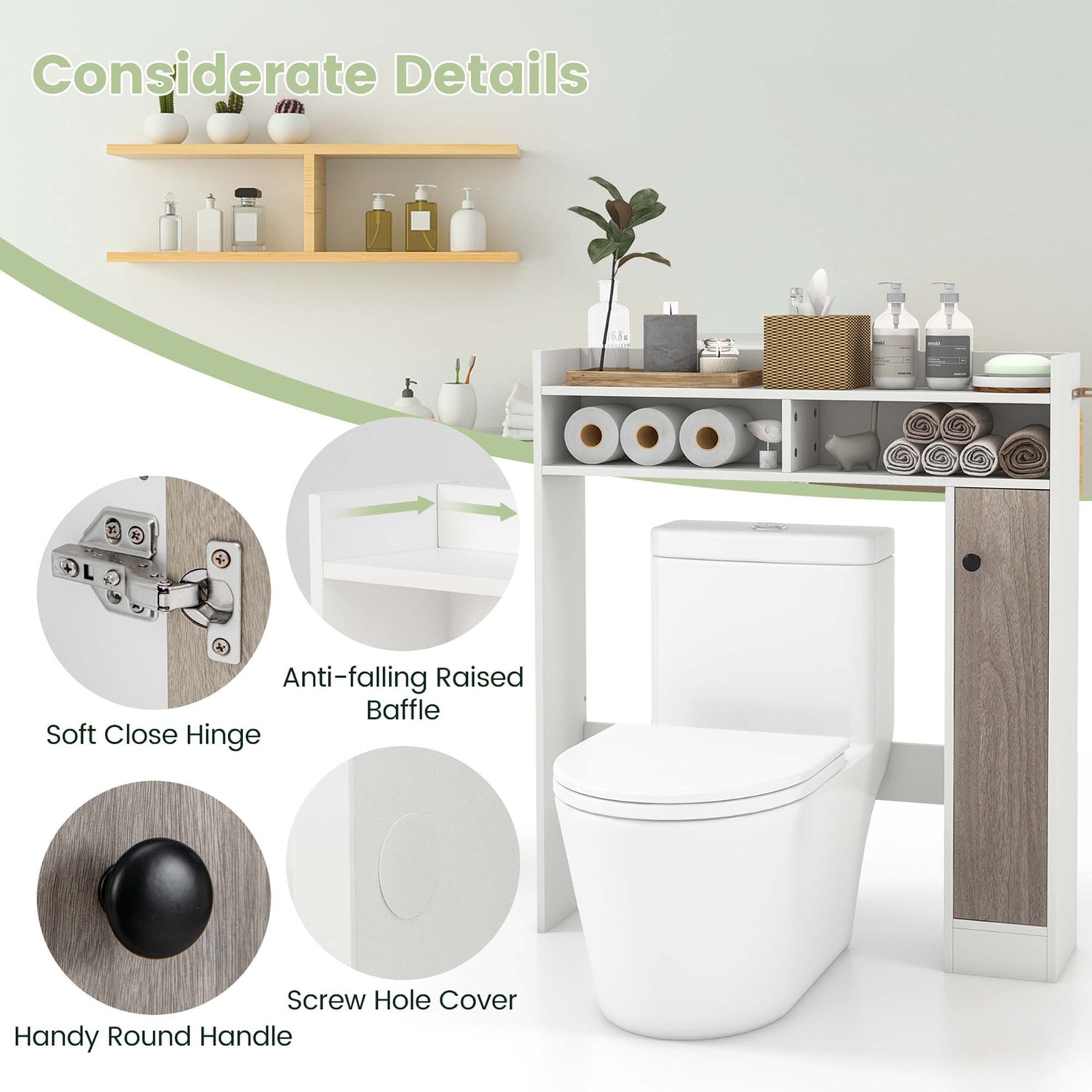 Costway Over the Toilet Bathroom Cabinet Floor Storage Organizer with Adjustable Shelves White - Image 9