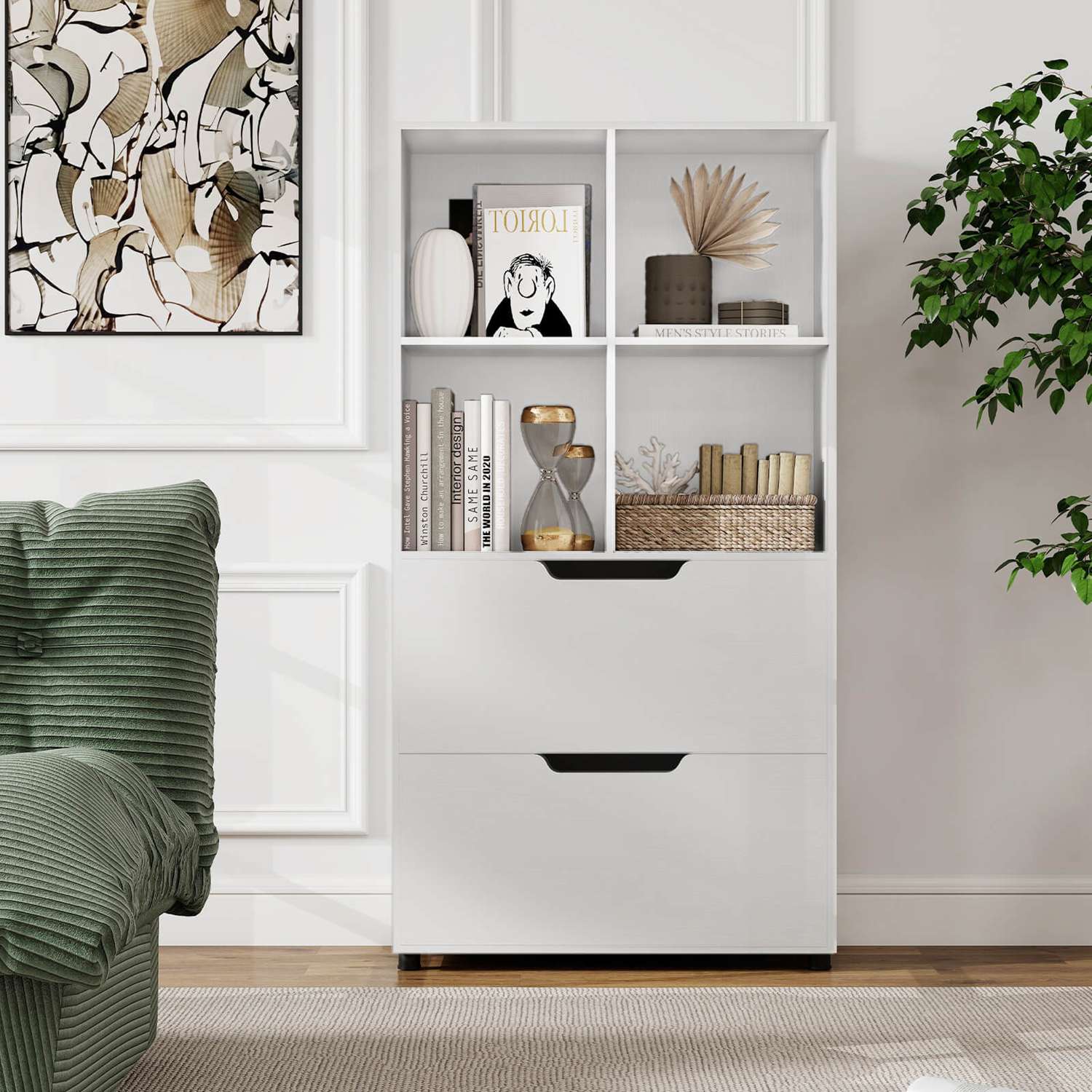 Costway Bookcase with 2 Drawers 4-Tier Open Bookshelf with 4 Storage Cubes for Home Office - Image 5