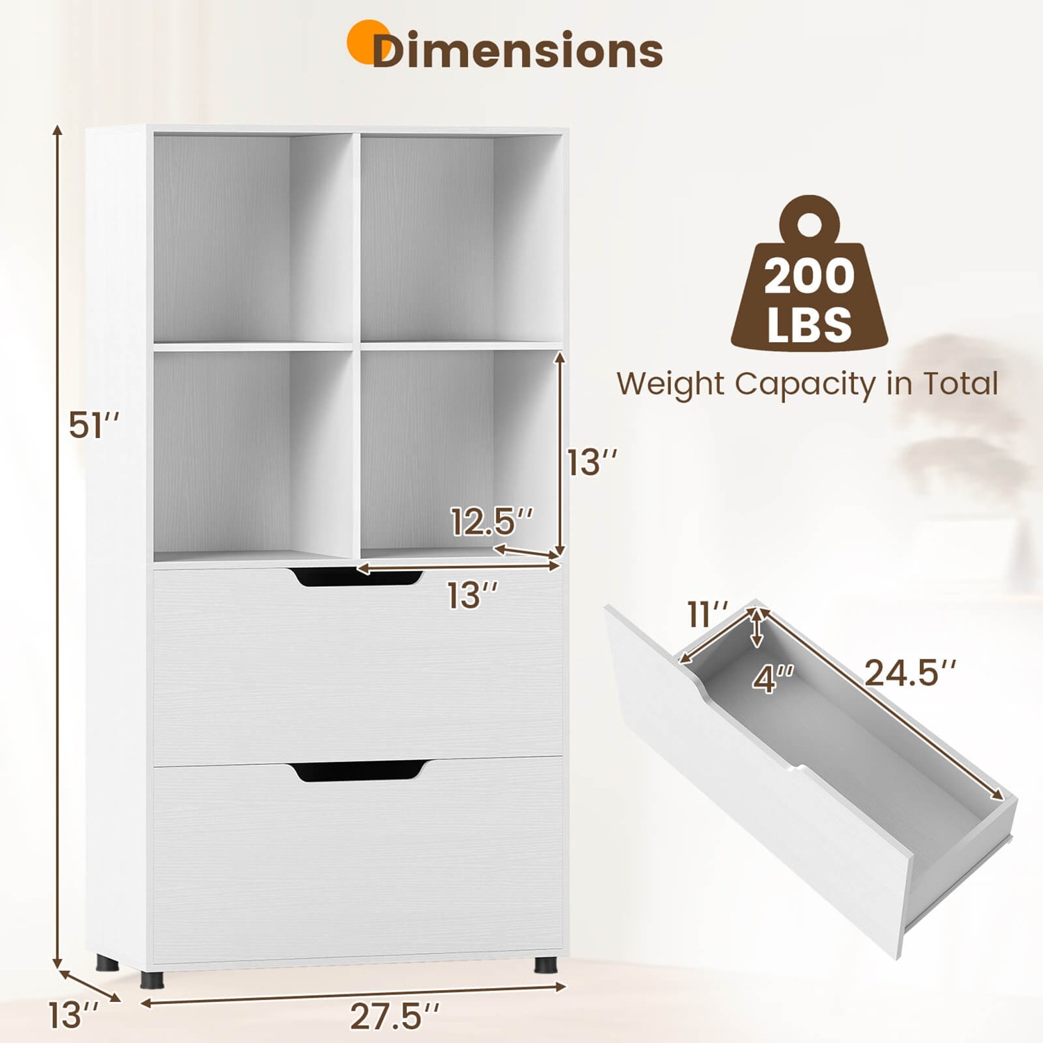 Costway Bookcase with 2 Drawers 4-Tier Open Bookshelf with 4 Storage Cubes for Home Office - Image 3