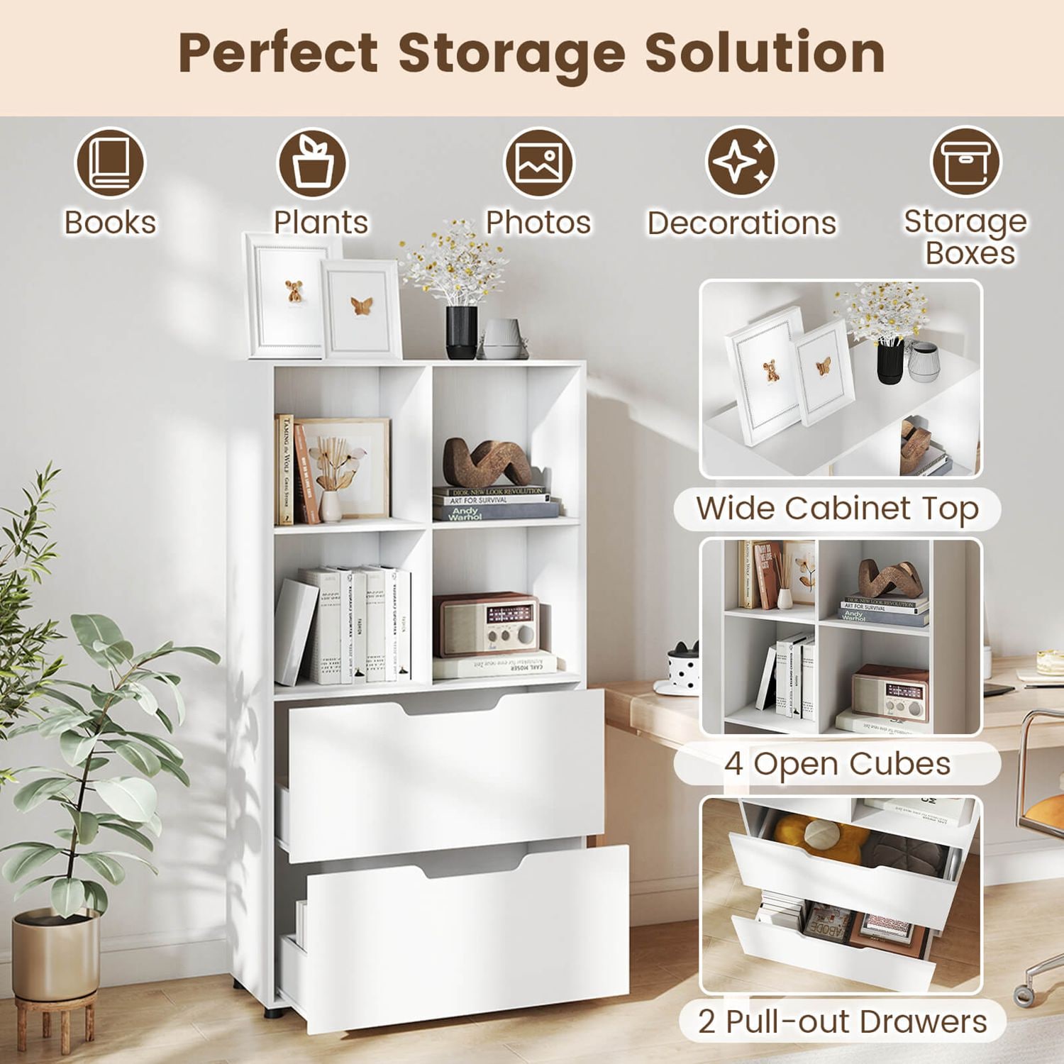 Costway Bookcase with 2 Drawers 4-Tier Open Bookshelf with 4 Storage Cubes for Home Office - Image 8