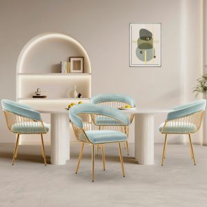 DYHOME Mid Century Modern Upholstered Dining Chair Set of 4 with Metal Legs and Hollow Back for Makeup Living Room Light Blue