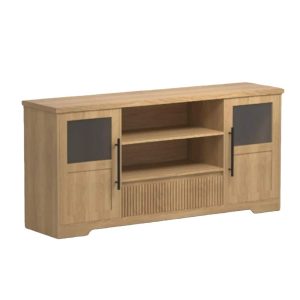 Garvee TV Stand for TVs Retro Media Console with Glass Cabinets Open Shelves Farmhouse Modern Entertainment Center-Natural