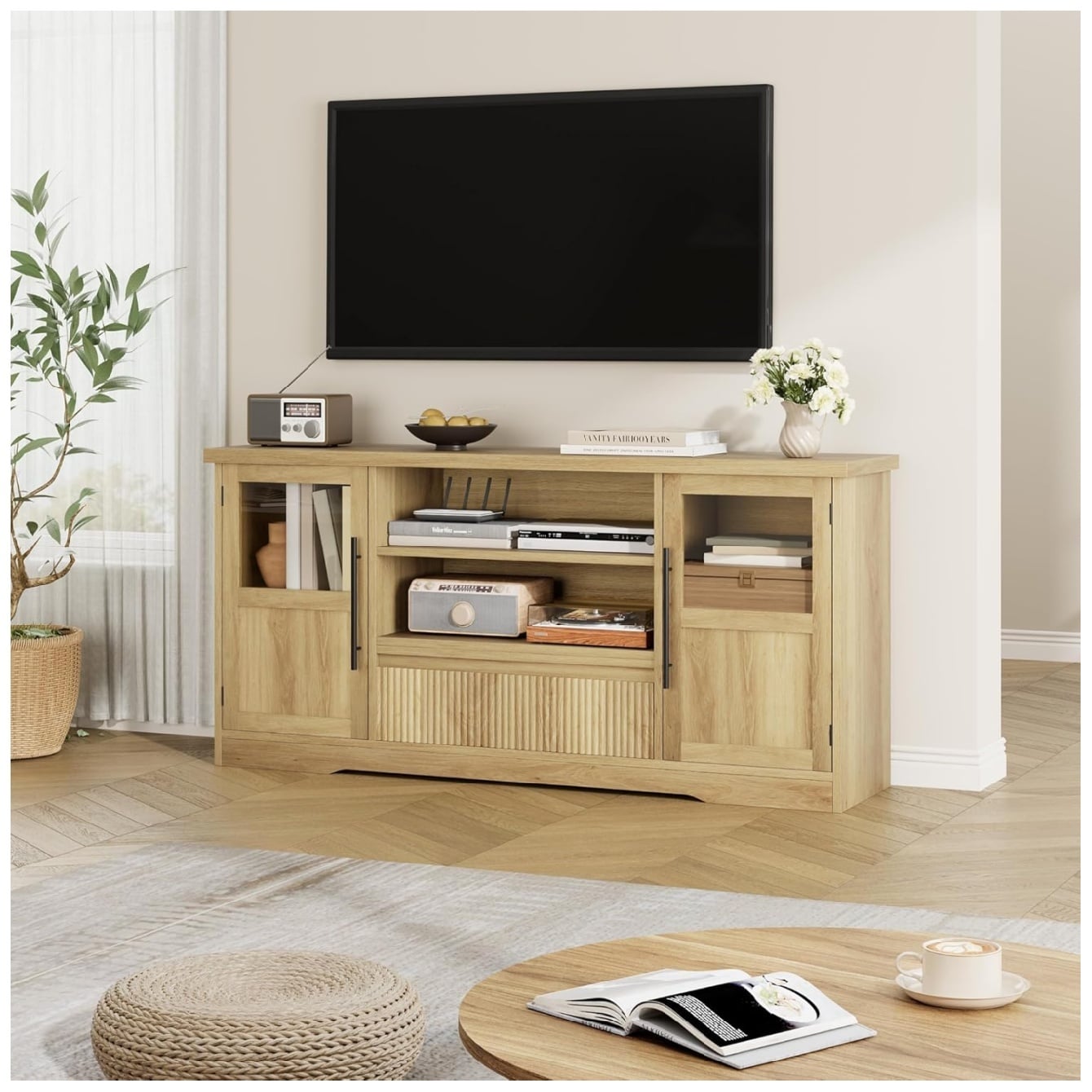 Garvee TV Stand for TVs Retro Media Console with Glass Cabinets Open Shelves Farmhouse Modern Entertainment Center-Natural - Image 3