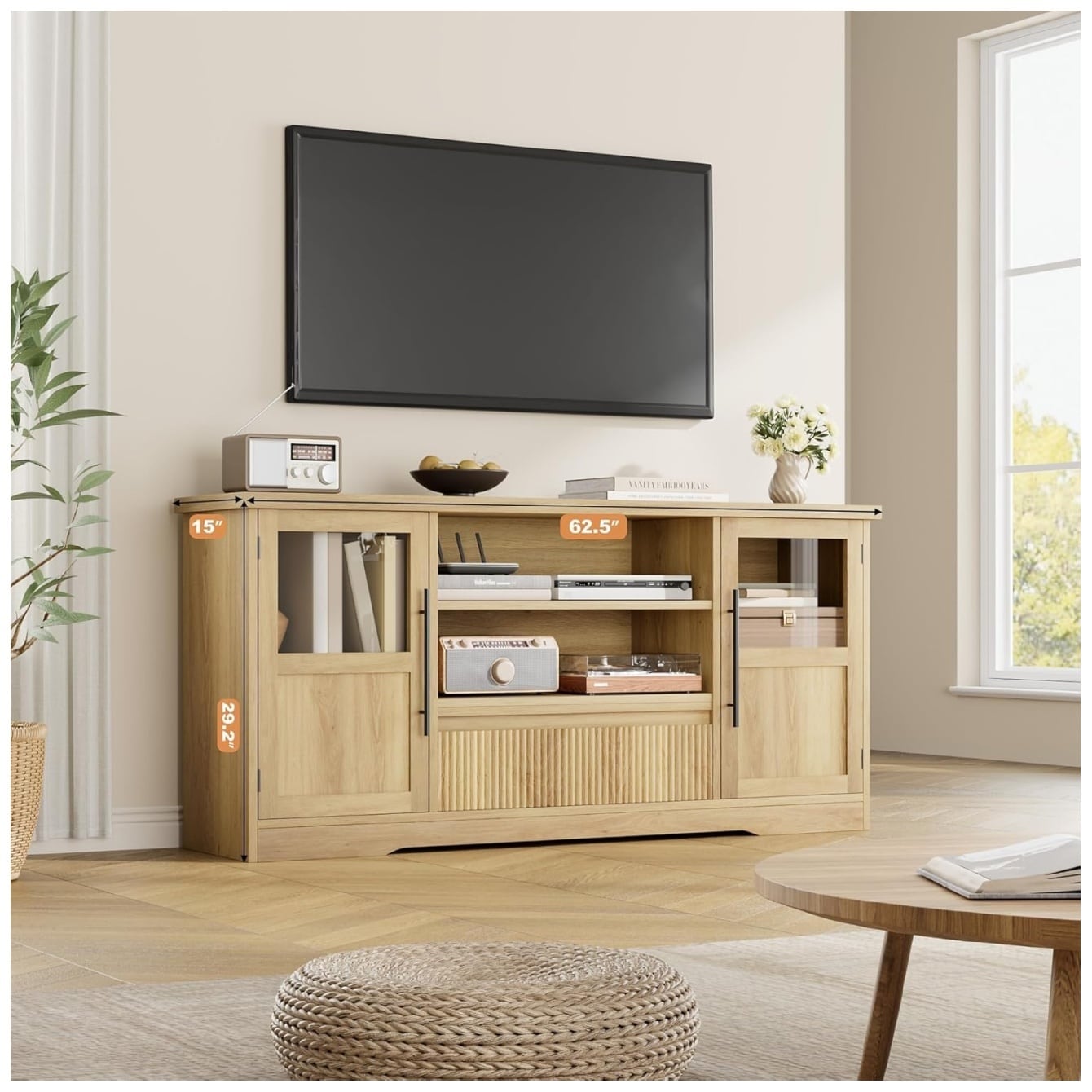 Garvee TV Stand for TVs Retro Media Console with Glass Cabinets Open Shelves Farmhouse Modern Entertainment Center-Natural - Image 4