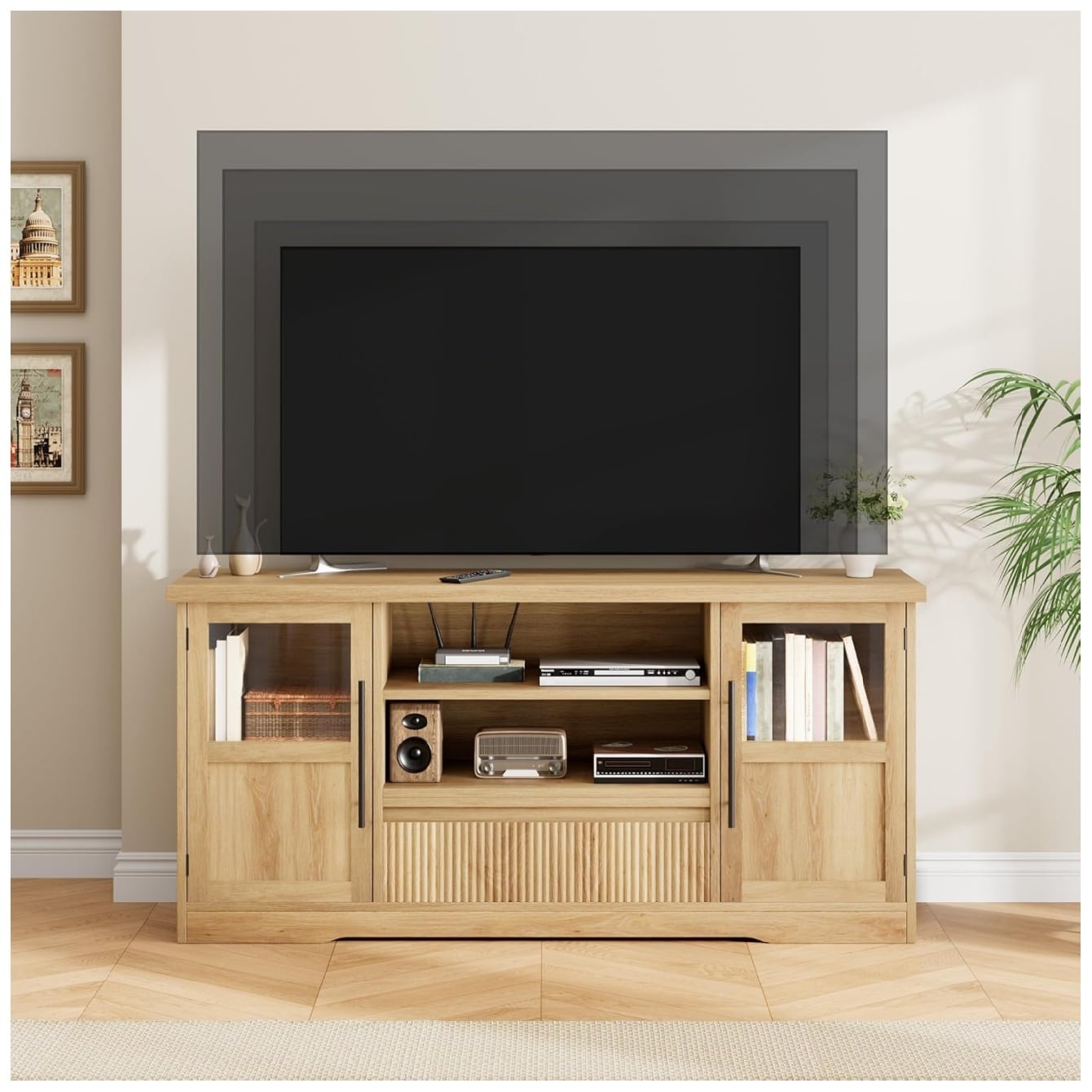 Garvee TV Stand for TVs Retro Media Console with Glass Cabinets Open Shelves Farmhouse Modern Entertainment Center-Natural - Image 5