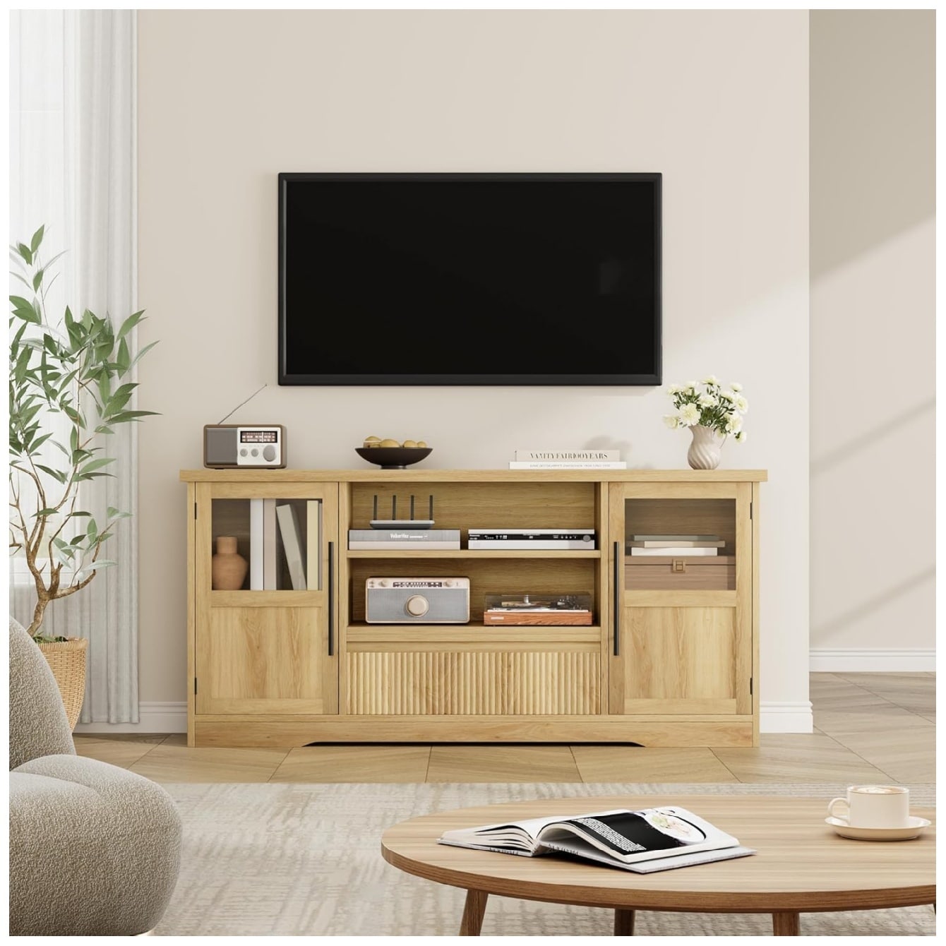 Garvee TV Stand for TVs Retro Media Console with Glass Cabinets Open Shelves Farmhouse Modern Entertainment Center-Natural - Image 7