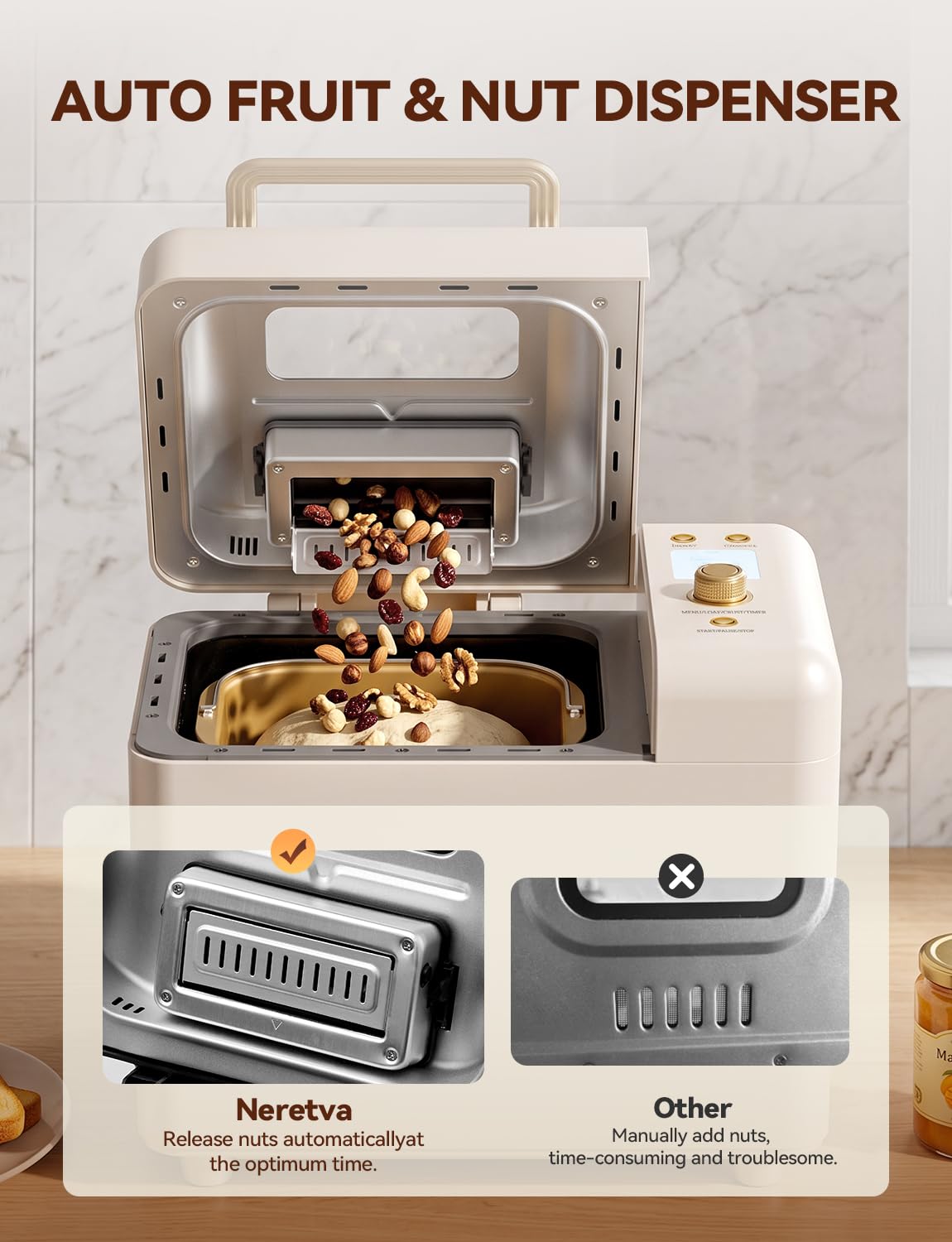 Neretva 2.2LB 15-in-1 Bread Machine with Dual Heater and Auto Nut Dispenser Nonstick Ceramic Pan Bread Maker Machine, Low Noise Breadmaker, 15H Timer & 1H Keep Warm Set for Gluten Free/Sourdough/Yogurt - Image 4