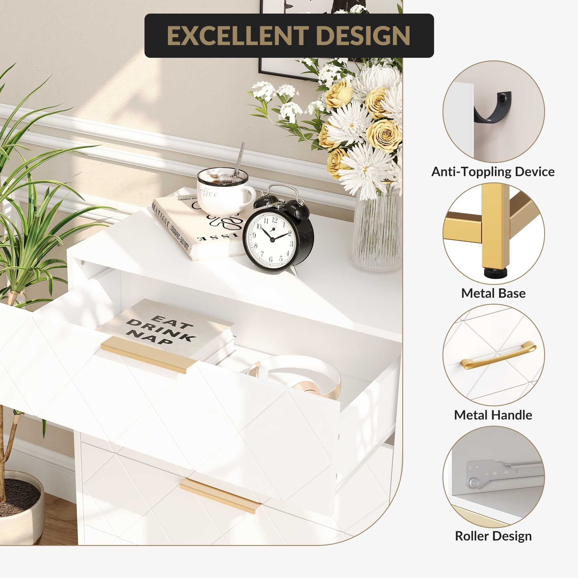 Garvee Storage Cabinet 4 Drawer Triangle Pattern Chest - MDF + PB + Iron White Compact Storage for Bedroom Living Room or Office - Image 2