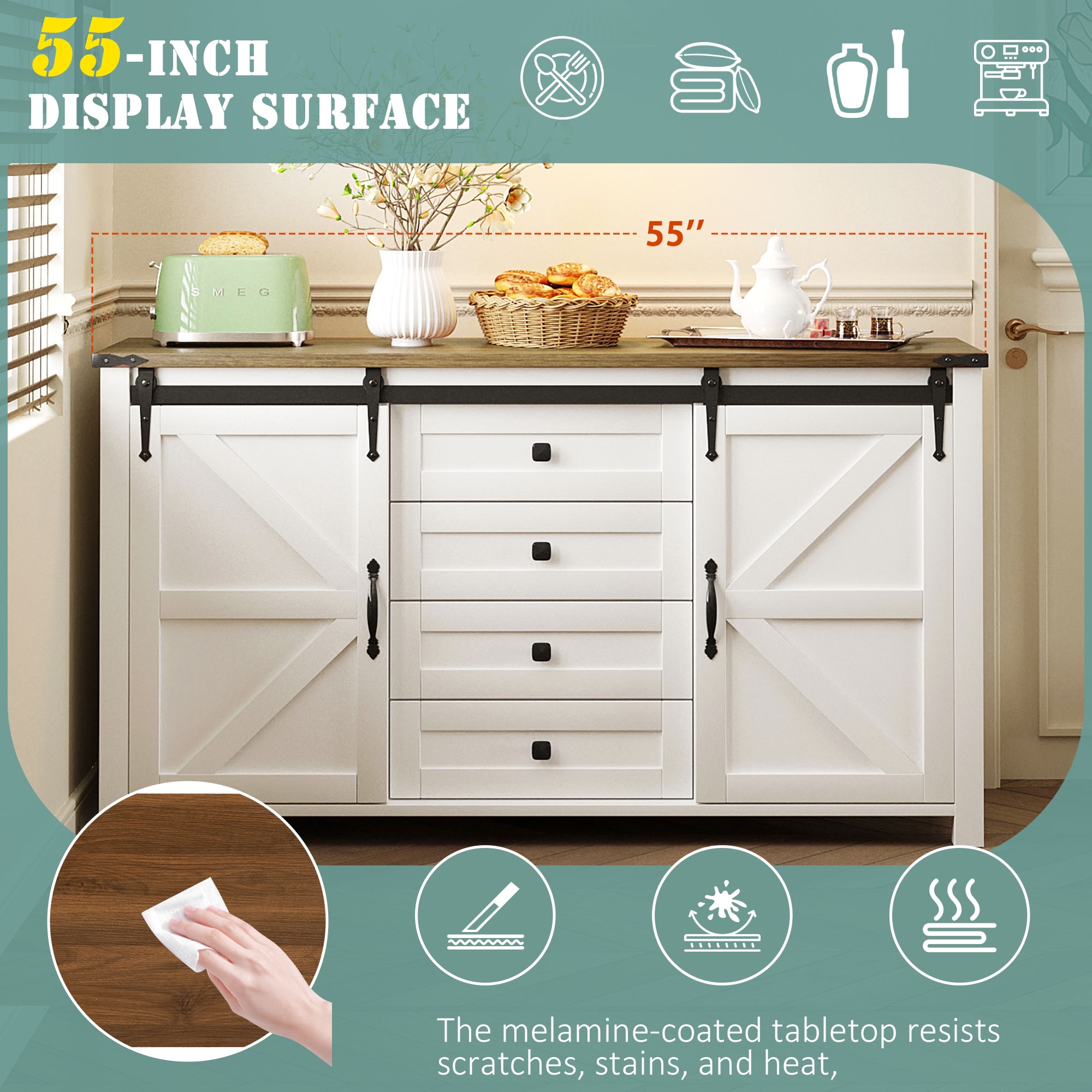 ModernLuxe Assembly Required 55.1Inch Sideboard with StorageFarmhouse Storage Cabinet with Sliding Barn Doors and 4 Drawers Wood Buffet Table with Power Outlet - Image 4